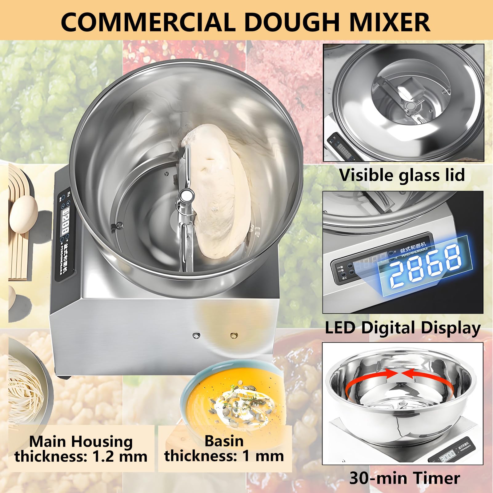 Impastatrice Professionale Doppia Rotazione 1400 Giri/Min Impastatrice a Spirale per Pizza e Pane in Acciaio Inox con Coperchio a Vista Vasca Rimovibile per Panetteria e Pizzeria 3kg