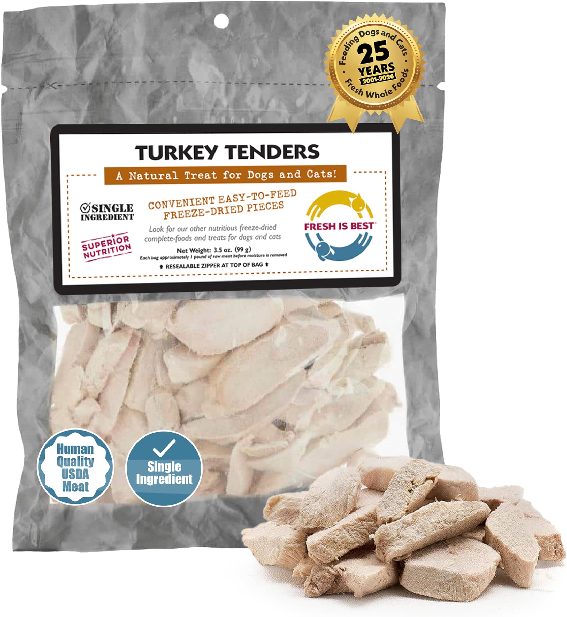 Turkey Tenders Freeze Dried Dog Treats โ Raw Freeze Dried Treats for Dogs & Cats in Resealable Zipper Bag โ High-Protein Single Ingredient โ Made in the USA