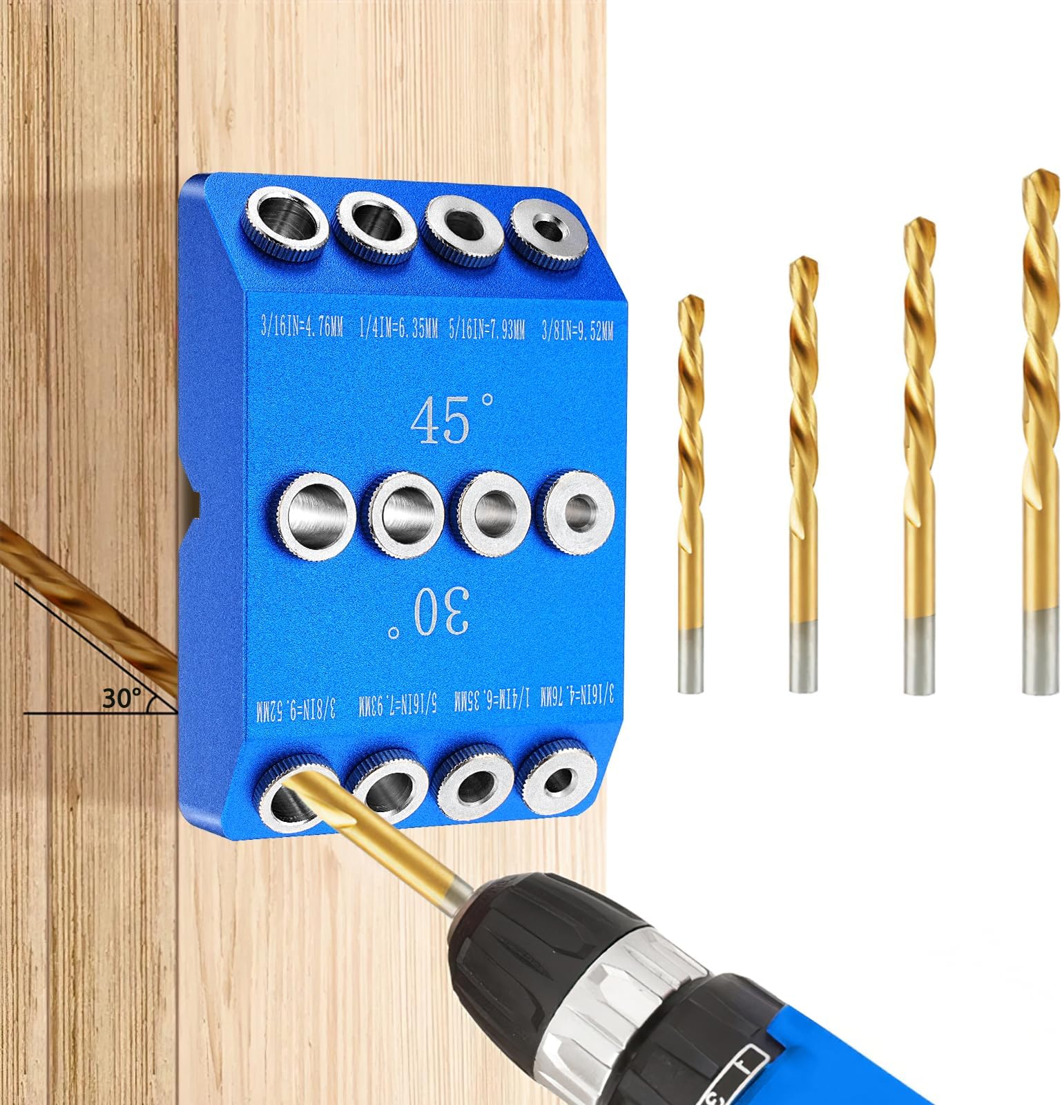 WEITARI Drill Guide Jig, 4 Bits for Straight and 30 45 90 Degree Angled