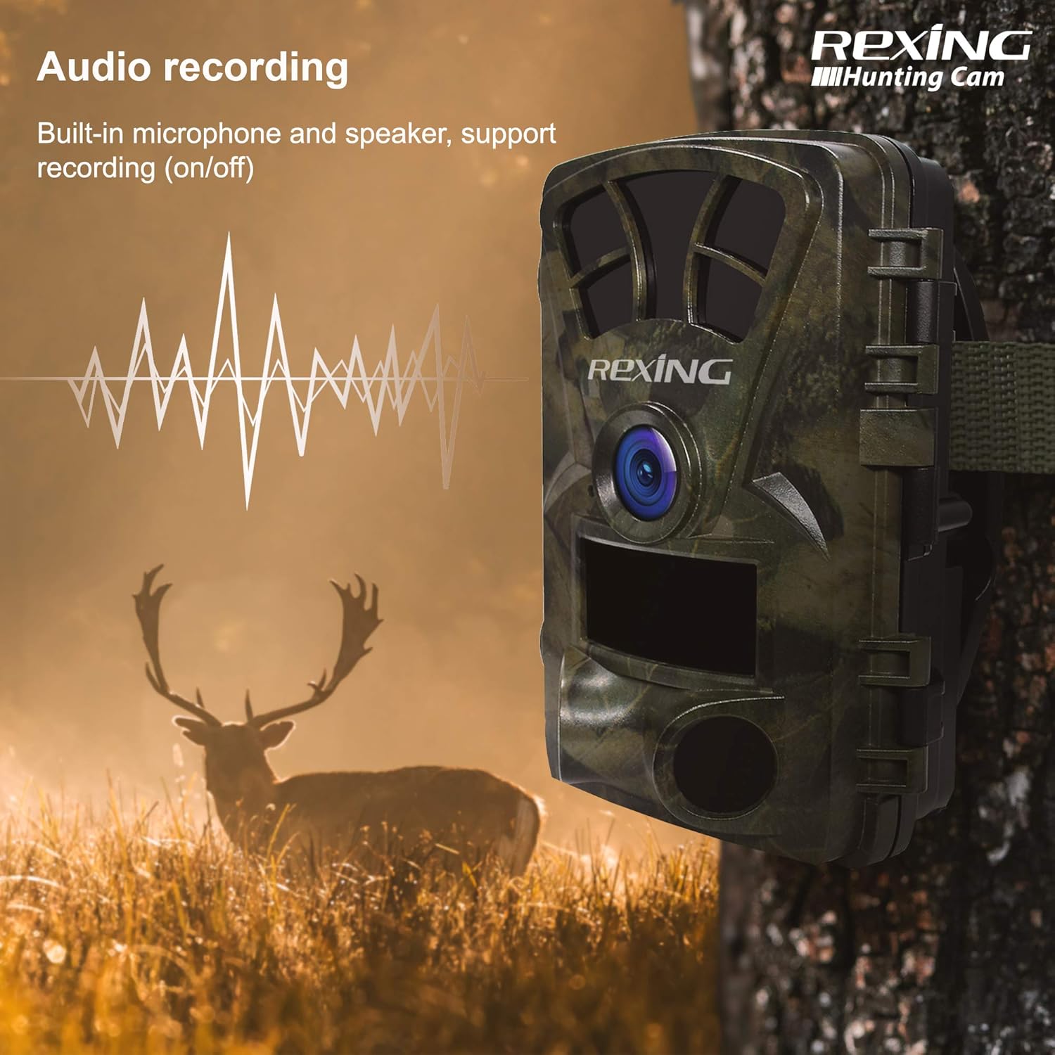 REXING H2-4K Trail Camera mounted on a tree, with a graphic illustrating audio recording capabilities.