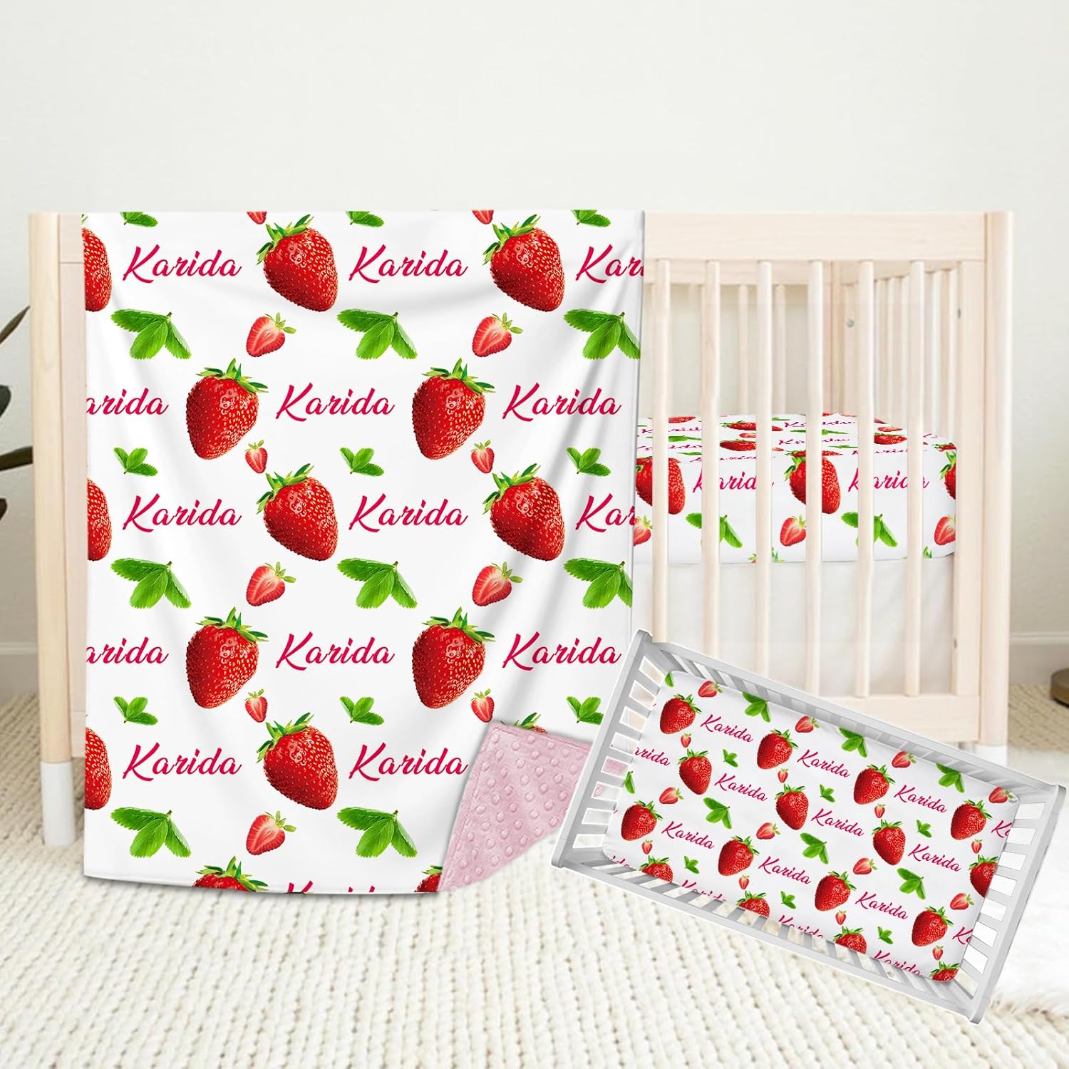 Personalized Baby Crib Bedding Sets for Baby Girls, Custom Crib Bedding Set with Name, Strawberry 2 Piece Nursery Bedding, Name Crib Comforter Crib Fitted Sheets for Babies Toddler