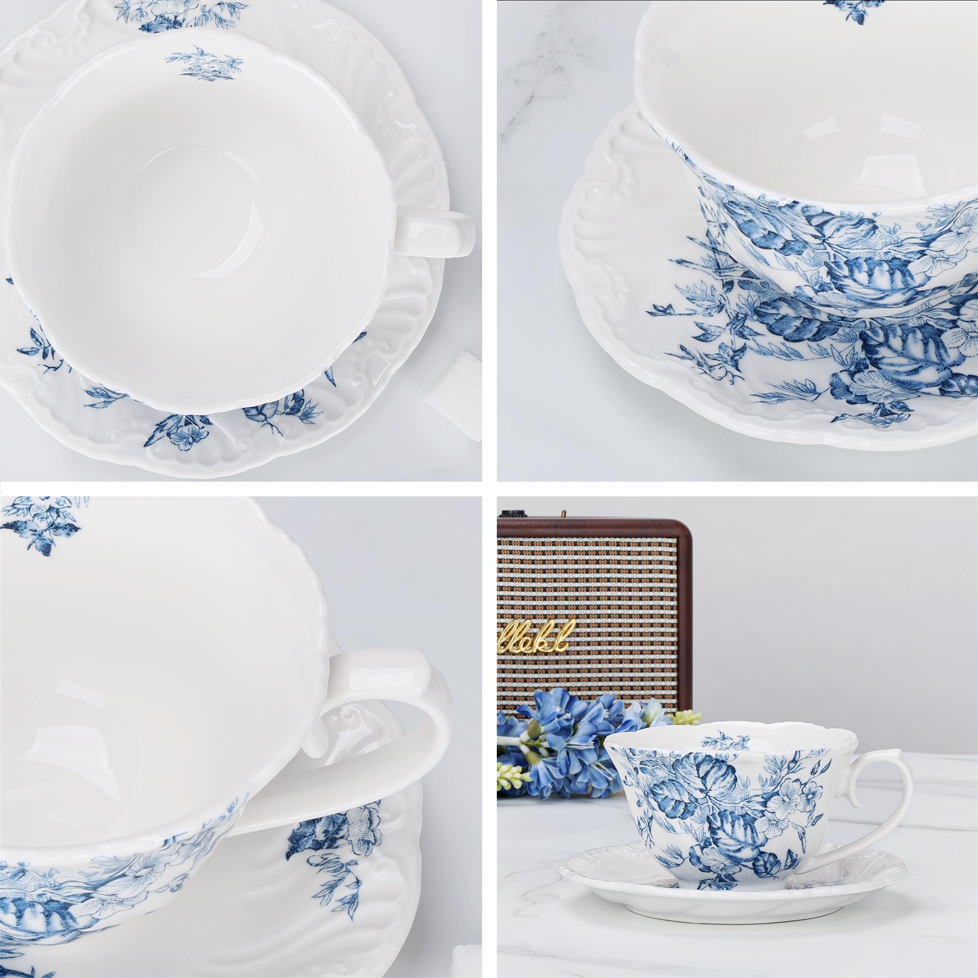 fanquare Vintage Teetasse und Untertasse Sets, Blaue Porzellan Teetassen mit Blumenmuster, Elegante Kaffeetasse und Untertasse für Teeparty Weihnachtsgeschenke 250 ml