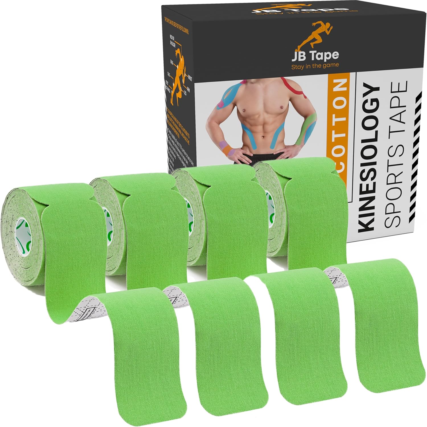 JB Tape Kinesiology Tape – 80 Precut 10-Inch Strips – Green – Elastic, Latex-Free, Water Resistant – Athletic Muscle & Joint Support – 4 Rolls