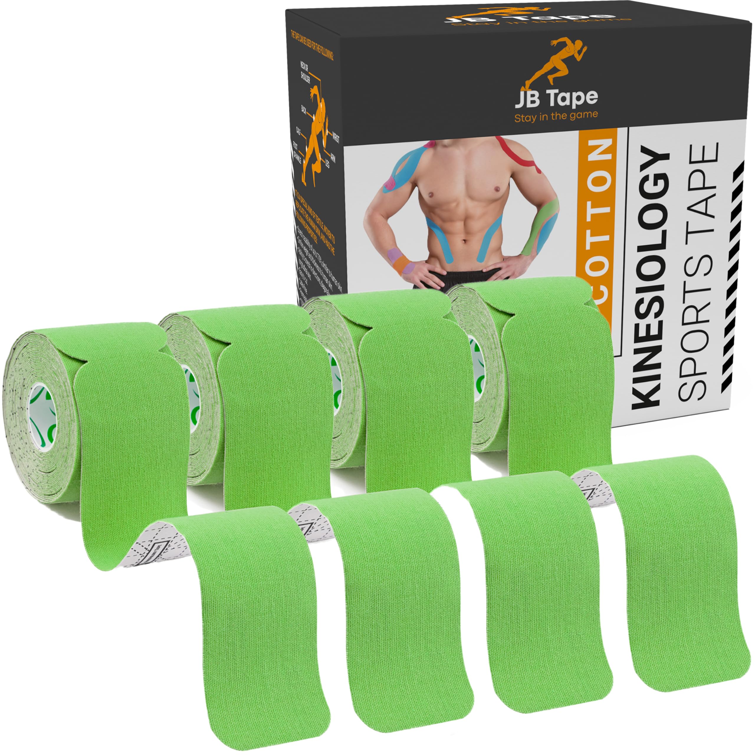 JB Tape Kinesiology Tape 80 Precut 10-Inch Strips Green Elastic Latex-Free Water Resistant Athletic Muscle Joint Support 4