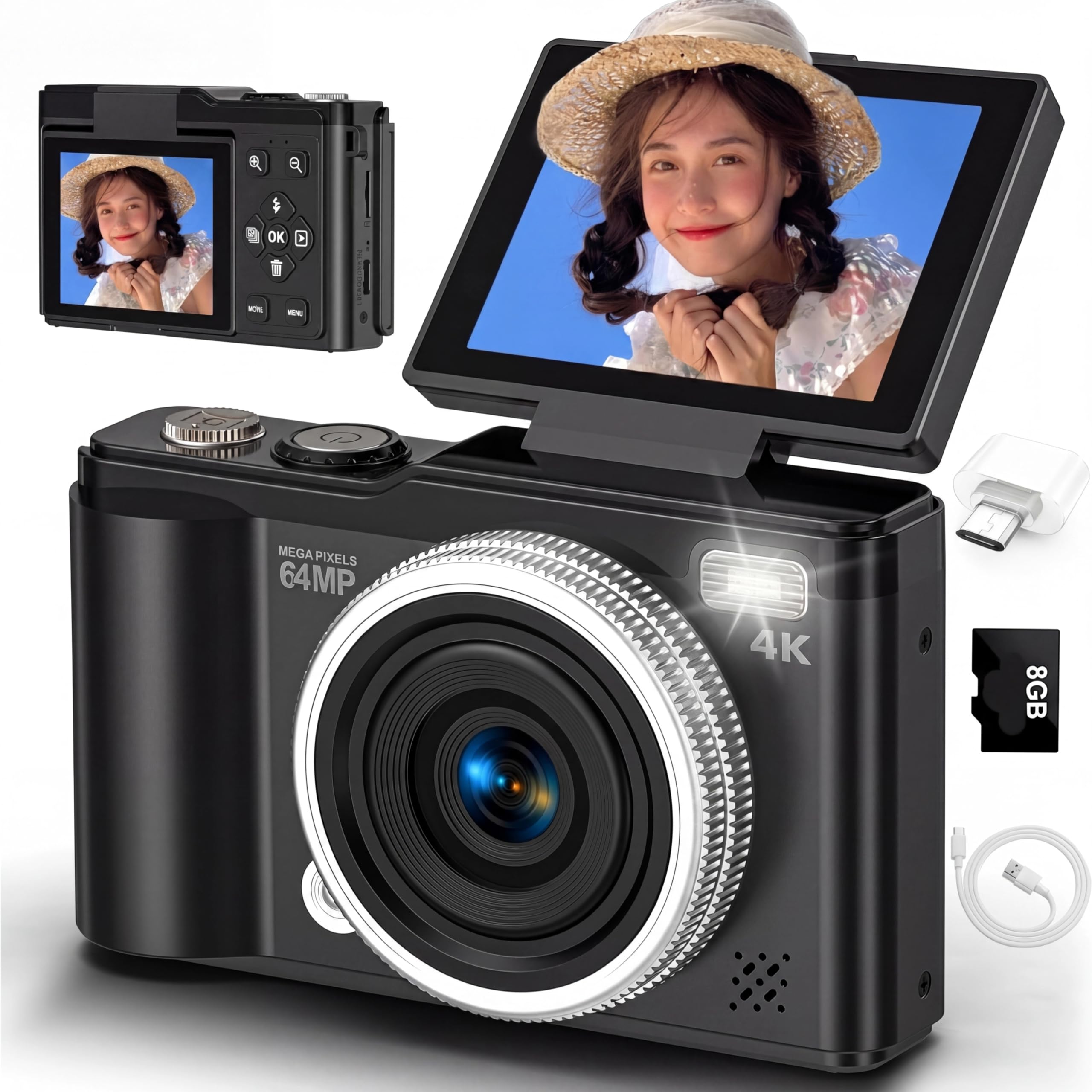 Amazon | 4K デジタルカメラ 6400万画素 デジカメ 180度回転可能