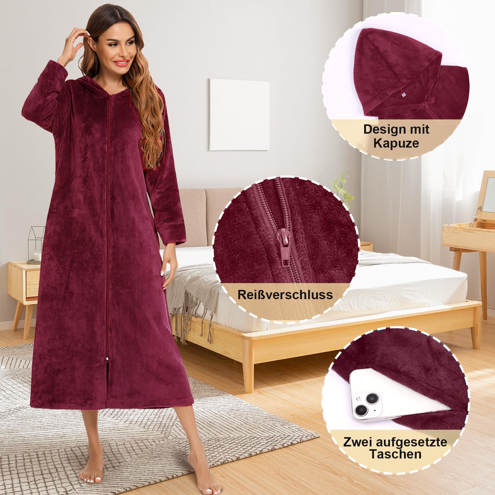Bademantel Damen und Herren mit Reissverschluss und Kapuze langer Bademantel Fronttaschen Saunamantel Flanell Bademantel