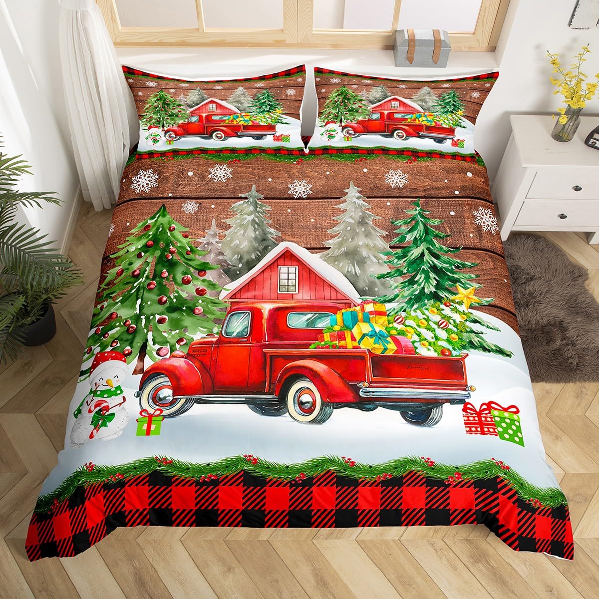 Christmas Duvet Cover Set King Size, Red Truck Xmas Trees Snowman Comforter Cover with 2 Pillowcases