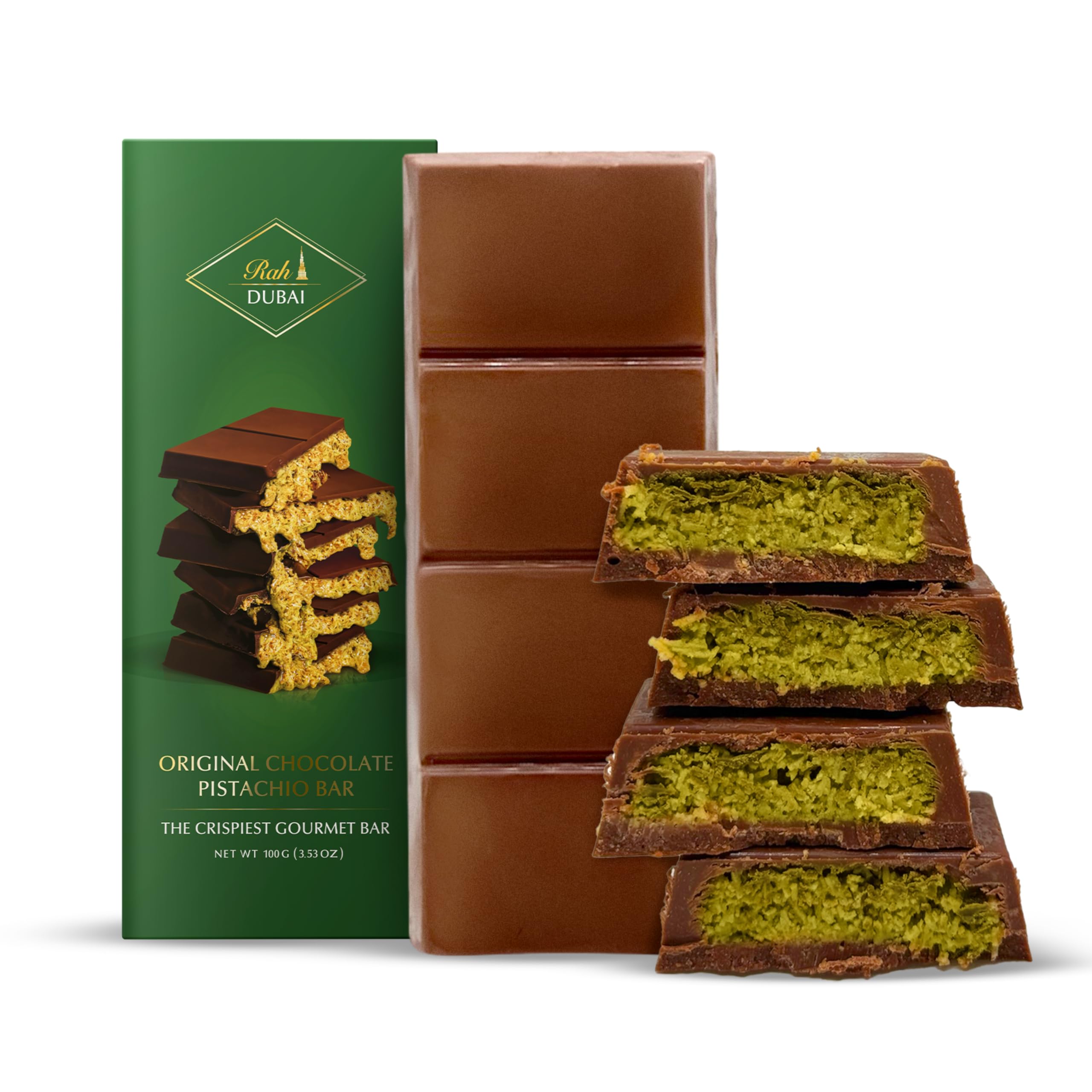 Rah Dubai Chocolate Bar Pistachio, 3.5oz - 100g, Gourmet Chocolate Bar | Dubai Chocolate Bar Pistachio | Loaded with Kunafa, Knafeh - The Crunchiest Kataifi Delight Perfect for Sharing