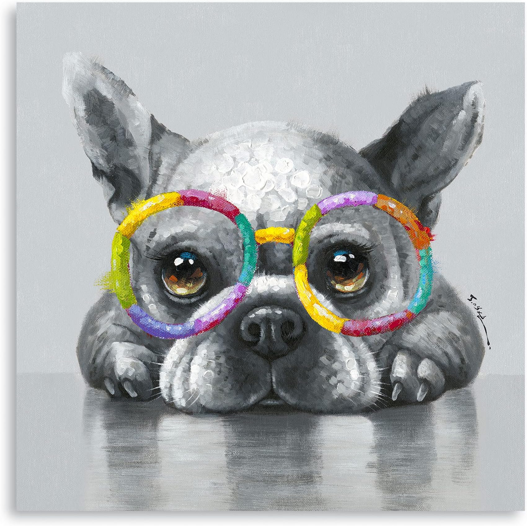 Kunstorner Cute Dog Wall Art With Glasses - Funny Animal Canvas for Living Room, Bedroom, Office Home Decoration - 13.5x13.5 Inches