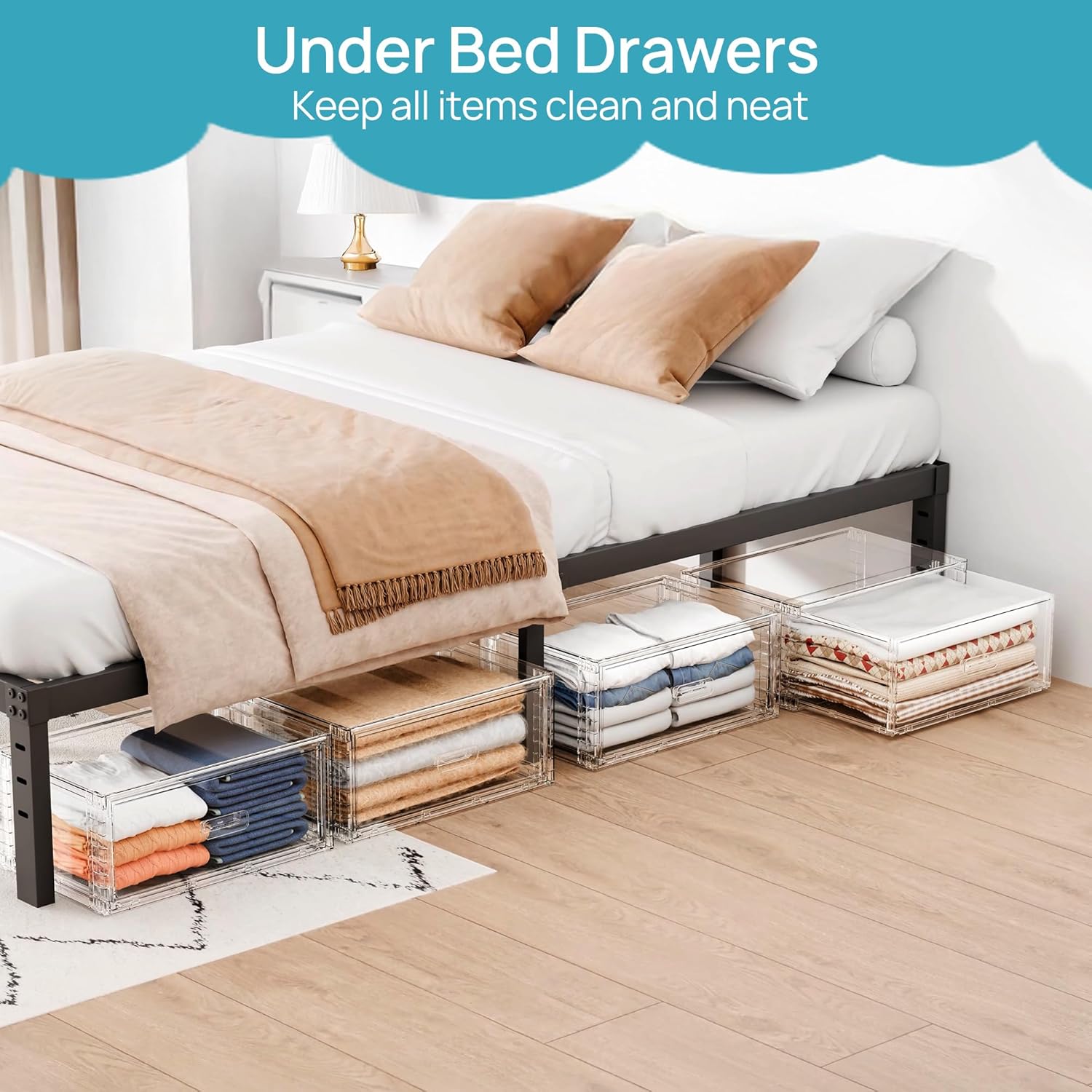 Vtopmart 4 Pack Large Clear Stackable Storage Drawers 27QT, Easily Assemble Plastic Closet Storage Bins, Dust-Proof UnderBed Organizer for Clothing, Sweater Organization - Image 7