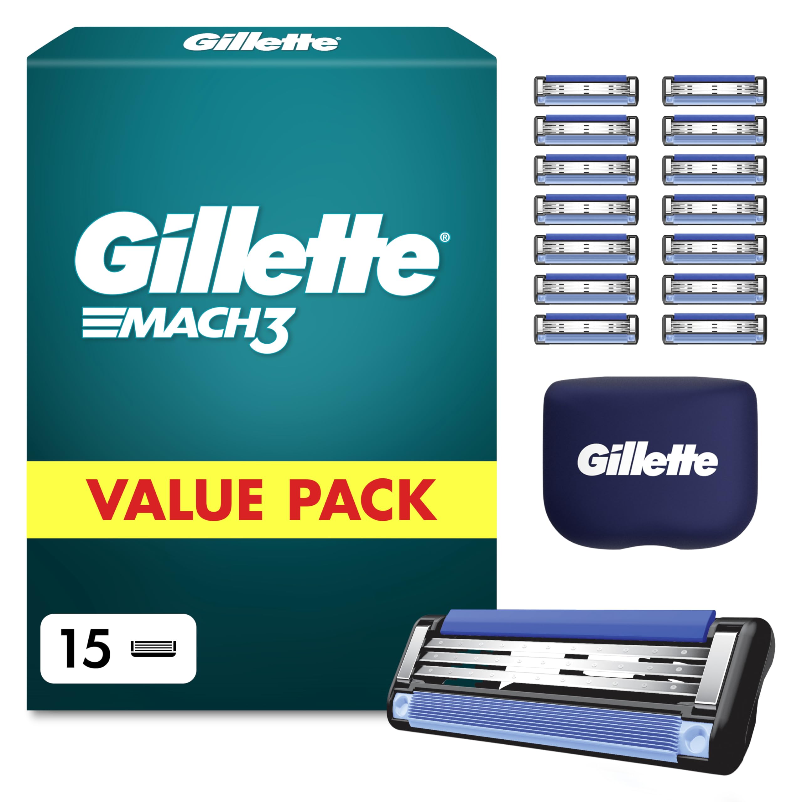 Gillette Mach3 Rasierklingen für Männer, 15 Original Ersatzklingen, Klingen für Herren mit Gleitstreifen für Ein Sanftes Gleiten und Neuer Klingenbeschichtung — Inkl. Reiseschutzkappe