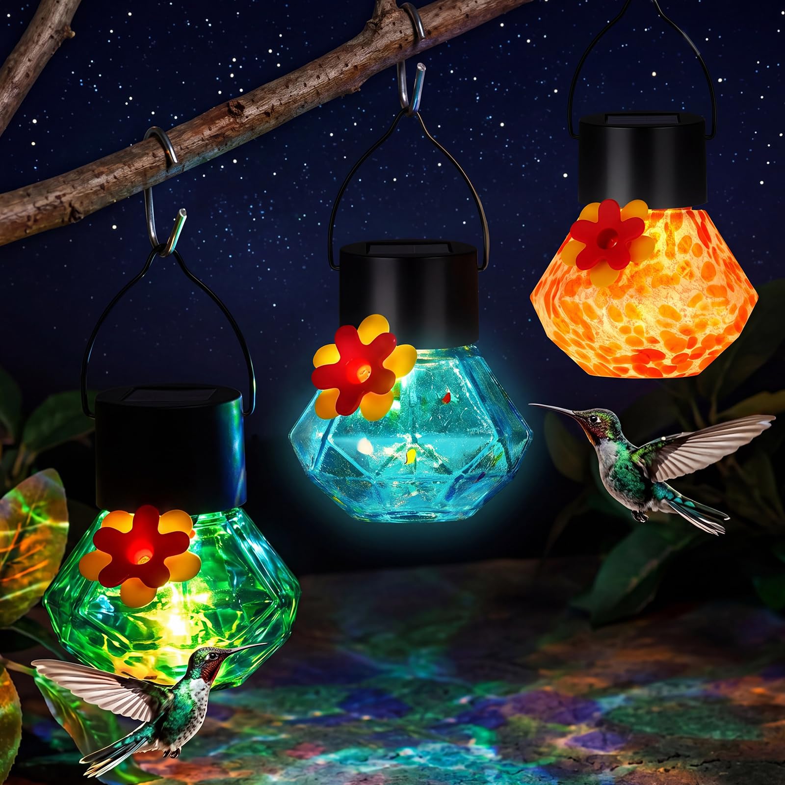 Nuogo Kolibri-Futterspender aus geblasenem Glas, solarbetrieben, mit LED-Licht, für Garten, Außenbereich, Fensterdekoration, Valentinstag, hängende Geschenke, Ameisen- und Bienenbeständig, 3 Stück