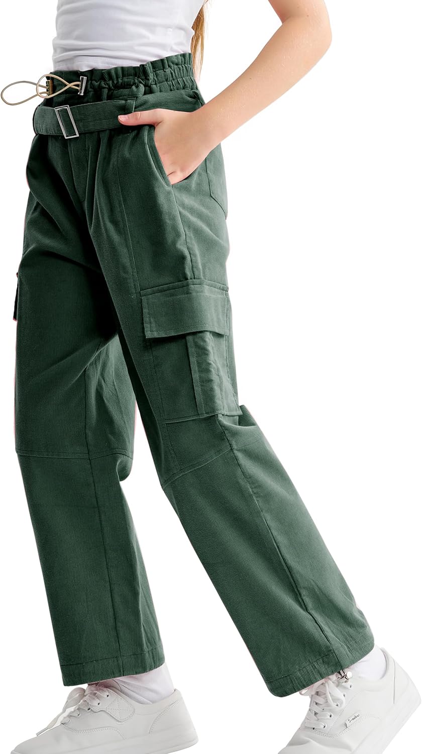 Rolanko Girls Corduroy Cargo Pants Wide Leg Cargo Trousers Streetwear Kids Pants Joggers with Pockets 9-17Y