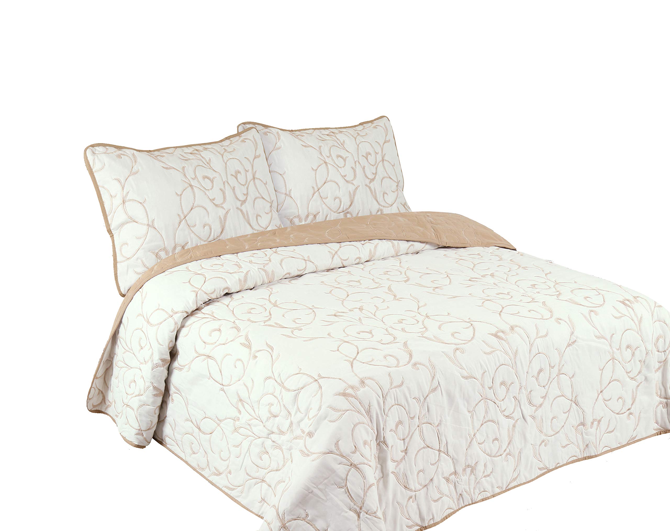 Marina Decoration Embroidered Stitching Coverlet Bedspread Ultra Soft Solid 3 Piece Summer Quilt Set with 2 Quilted Shams, Gold Branch Color Queen/Full Size