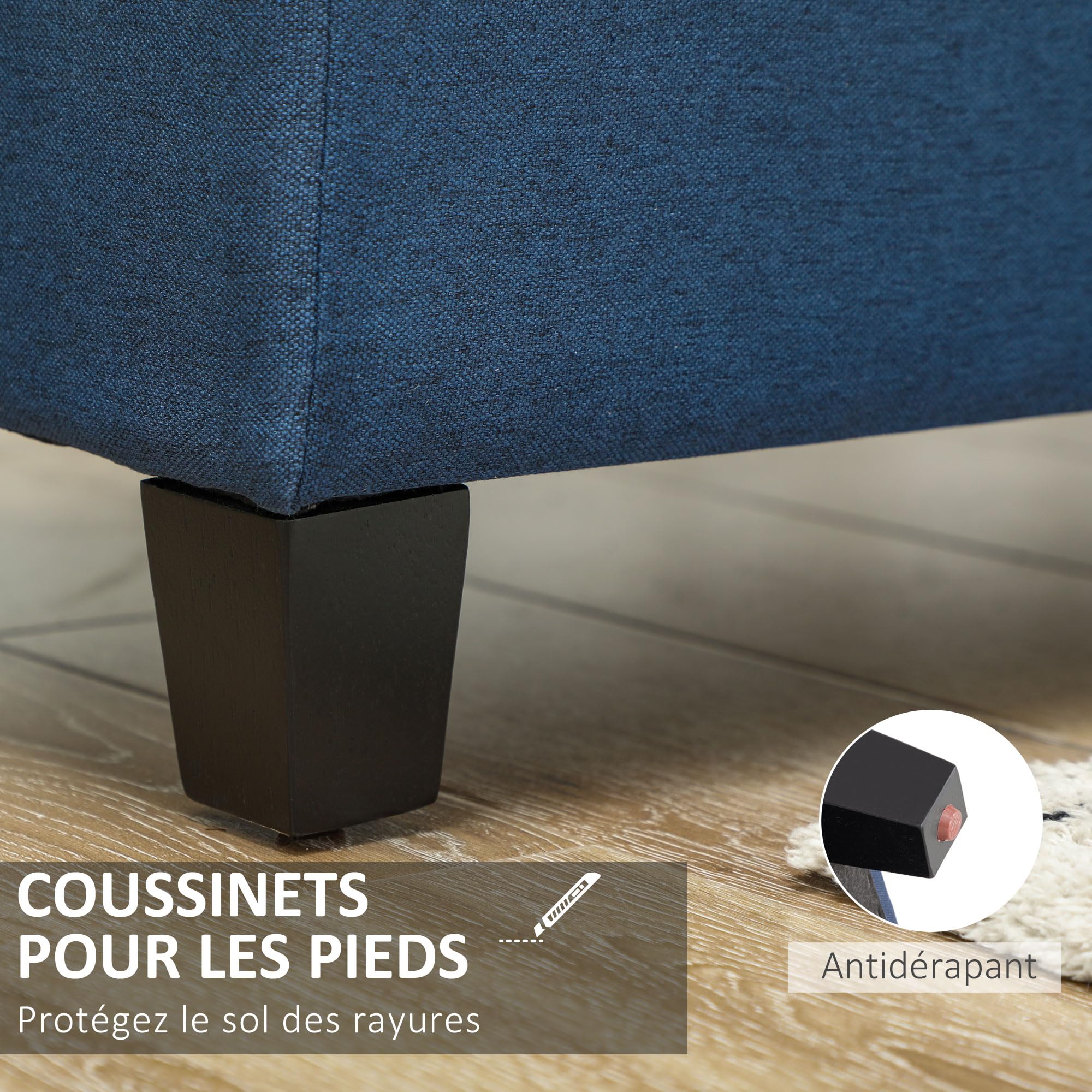 HOMCOM Banc de Rangement 94,5L Siège Capitonné 125 x 49 x 41,5 cm Bleu | Banquette Bout de Lit, Coffre de Rangement, Tissu Aspect Lin, Pieds en Bois, Salon, Chambre, Entrée, Intérieur