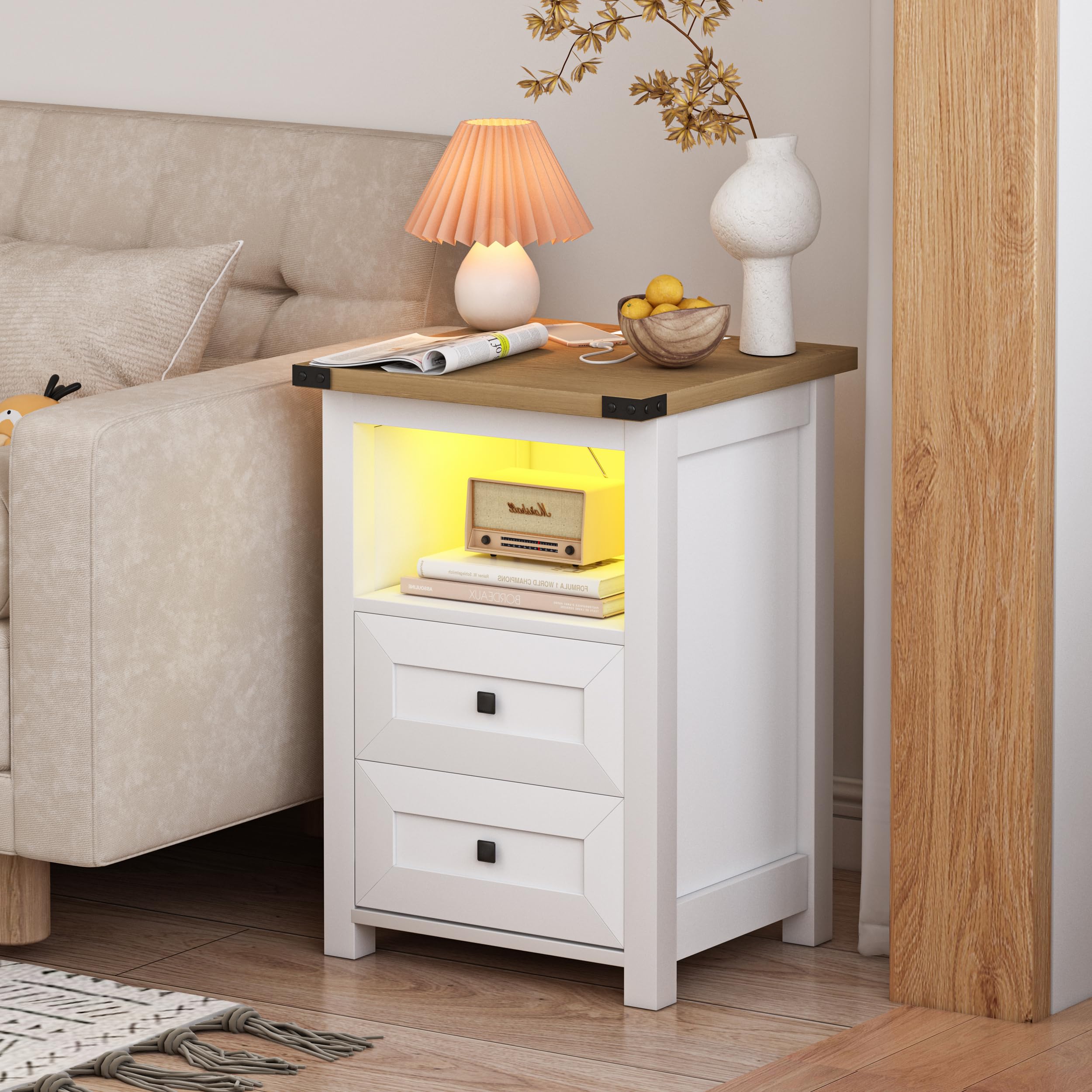 ( incomplete) Wodeer LED Nightstand with Charging Station,Farmhouse End Table with 4 Storage Drawers and USB Ports & Outlets,Bedside Table for Living Room,Bedroom,White/Brown