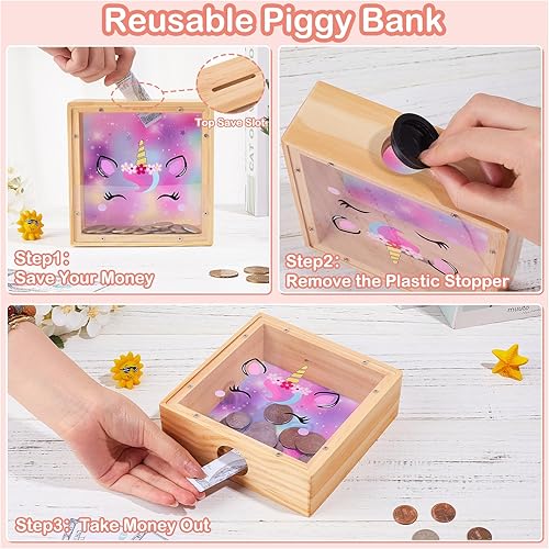 Miniatura 5 de Alcancía para niñas alcancía de madera para niños banco de dinero de unicornio banco de monedas con calcomanías de letras de bricolaje colorido