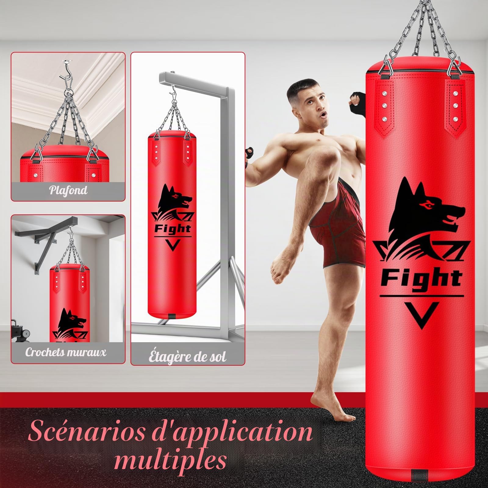 Ensemble Sac de Frappe Suspendu, Sac de Frappe Adulte Non rempli avec Gants de Boxe et Accessoires, Sac Lourd en Cuir Microfibre pour l'entraînement au Kickboxing, Fitness, MMA, Grappling
