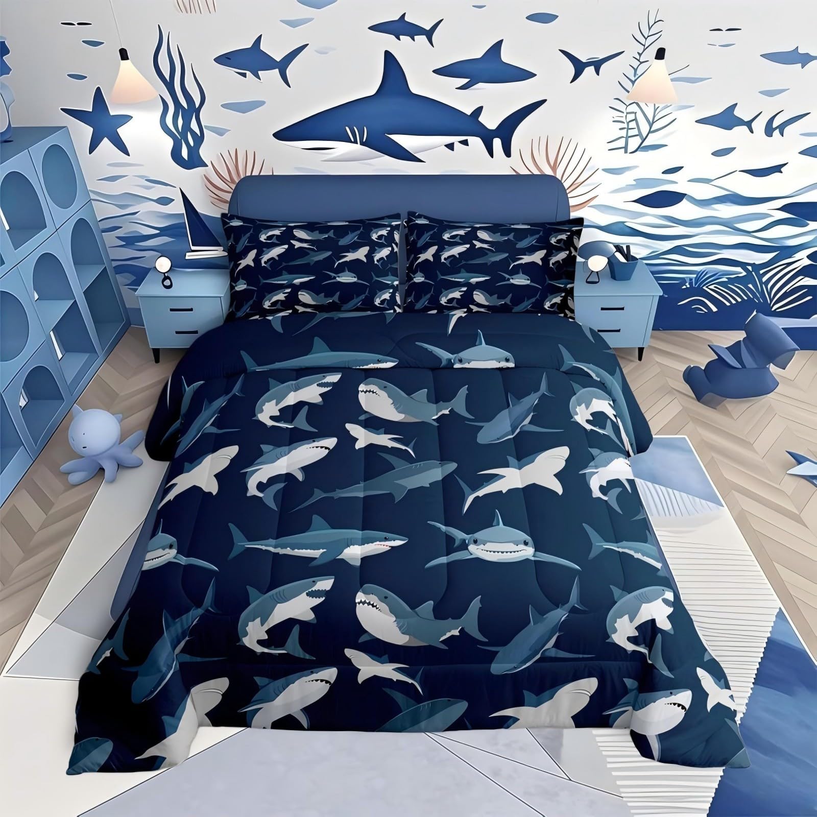 Boys Shark Bedding Set Ocean Sealife Comforter Set for Kids Youth Teens,Under Sea Marine Life Duvet Insert,Underwater World Creature Bed Quilt,Nautical Sea Animal Bedroom Decor Queen Size Navy Blue