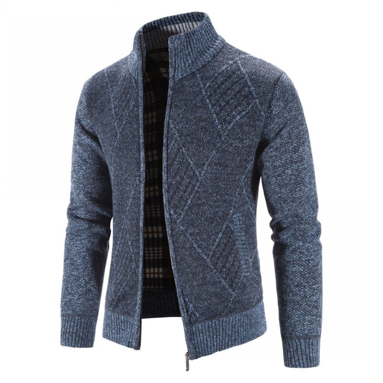 Męska Kurtka Kardigan Classic Argyle Diamond Pattern - Jesienno-Zimowy Duży Rozmiar Sweter Rozpinany W Średnim I Starszym Wieku, Męska Swobodna Stójka Ciepła Dzianinowa Kurtka Sweter