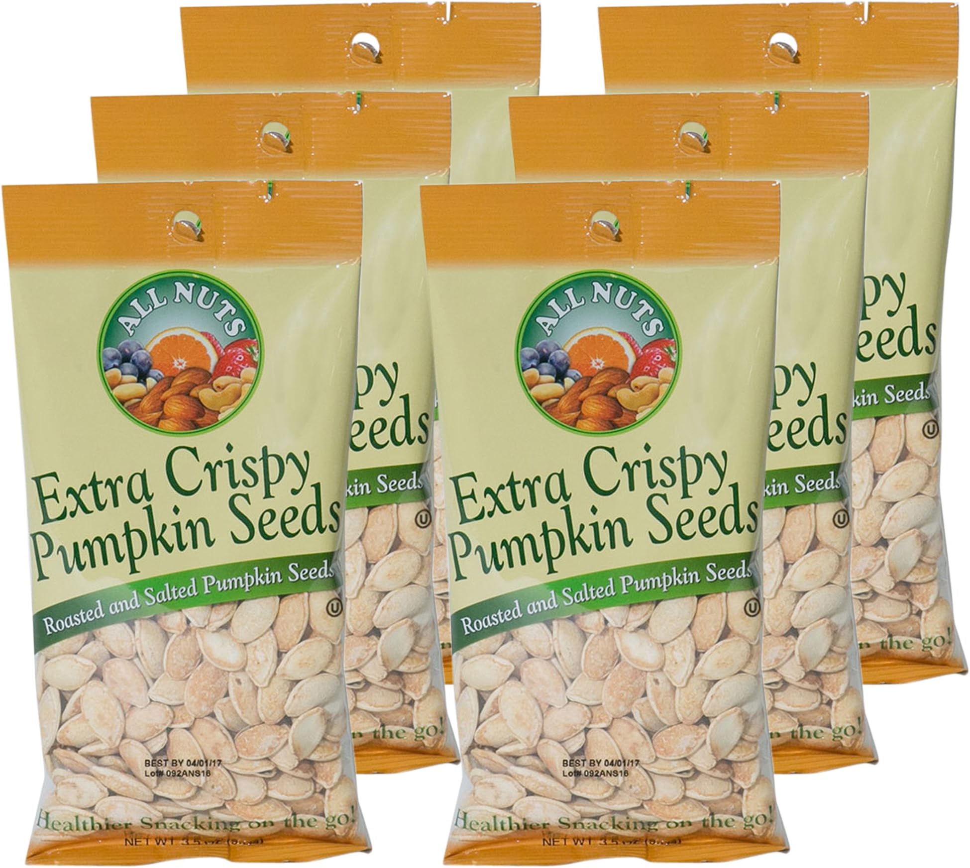 All Nuts 6PK Pumpkin Seeds Extra Crispy Roasted Salted 3.5oz Bags, Total Weight 1.31LB