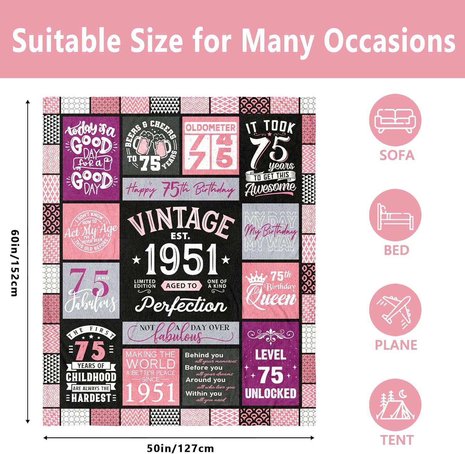 75th Birthday Gifts for Women Blanket 60"x 50", 75 Year Old Gift for Women, Birthday Gifts for 75th Woman, 1951 Birthday Presents for Woman, 75 th Birthday Gift Ideas for Mom - Image 7