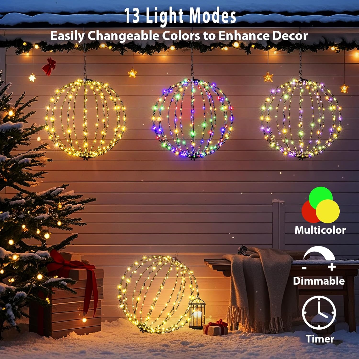 176 LED 13” Outdoor Christmas Light Balls, Solar Hanging Lighted Sphere Balls Lights, Prelit Fold Large Rechargeable Waterproof, Globe Light Ball for Outside Indoor Tree Eave Garden Decorations -2pack