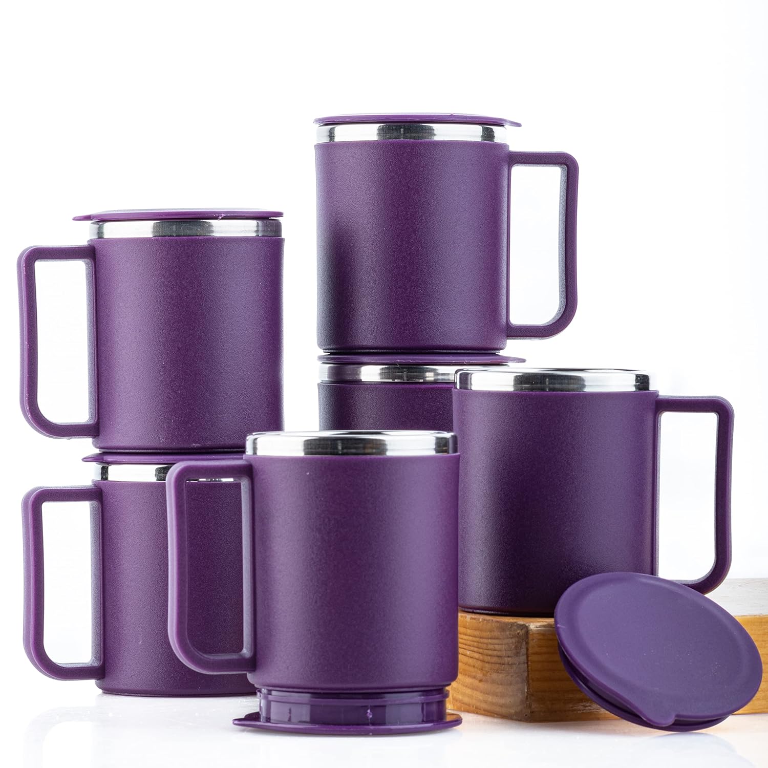 RUBICON Enterprise Stylish DurableCoffee Mug, Tea Cup Set, Coffee Mug Set, Stainless Steel Mug, Steel Cup with Lid (Set of 6, 200ml) (Purple)