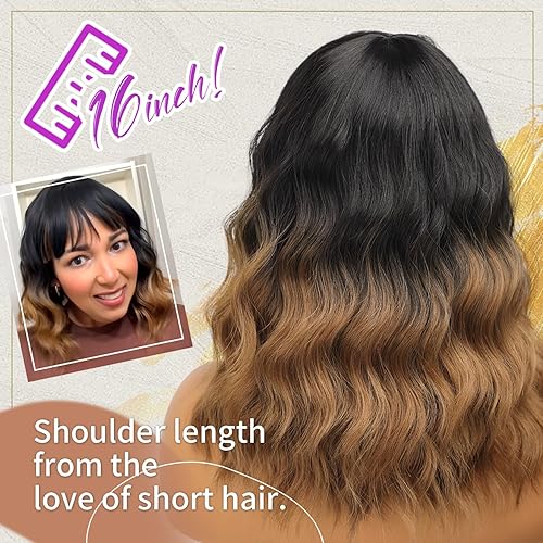 Miniatura 5 de Nnzes Peluca corta ondulada con flequillo para mujer, longitud al hombro, estilo Bob rizado, pelucas sintéticas encantadoras con ondulado natural