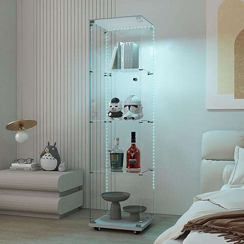 Miniatura 199 de Vitrina de cristal con 4 estantes con tira de luces LED y cerradura, vitrina de vitrina con ruedas y 1 puerta, vitrina de vidrio templado para sala