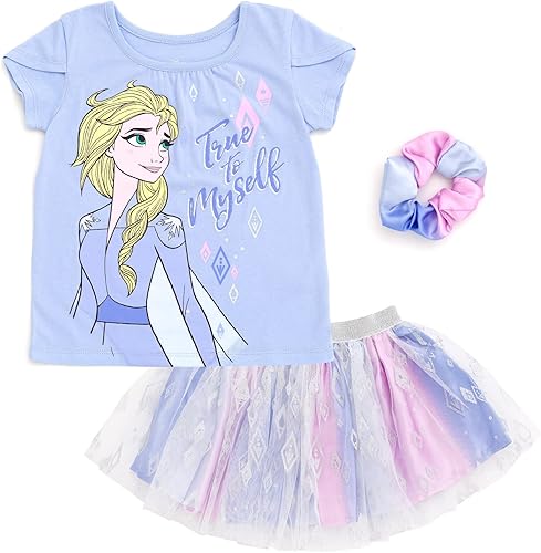 Disney Princess Moana Frozen - Conjunto de 3 piezas de camiseta de tul con falda de malla y coletero para niñas pequeñas y grandes