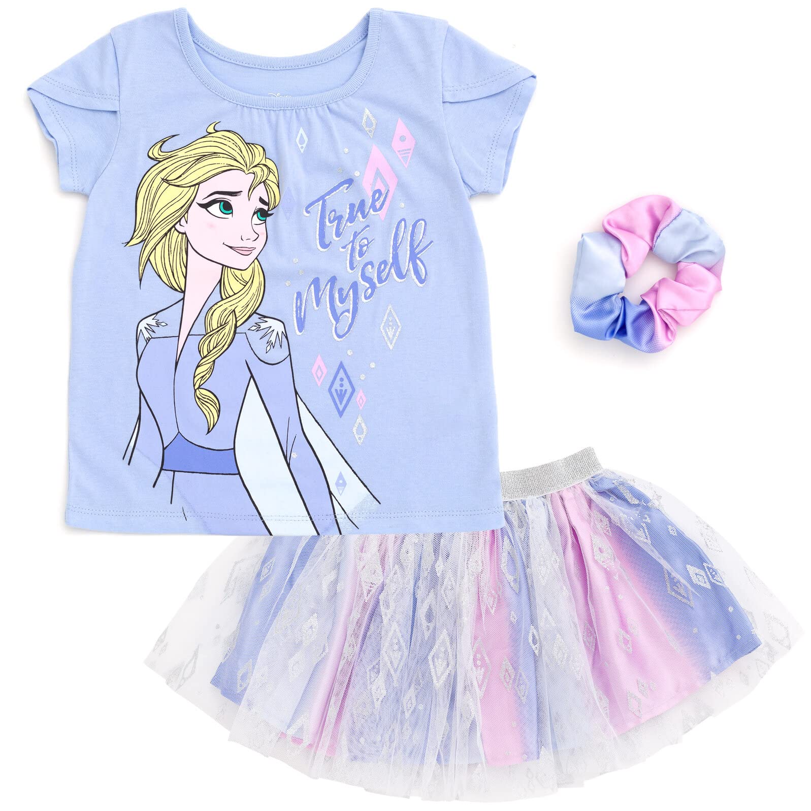 DisneyPrincess Moana Frozen Girls T-Shirt Tulle Mesh Skirt and Scrunchie 3 Piece Outfit Set Toddler to Big Kid