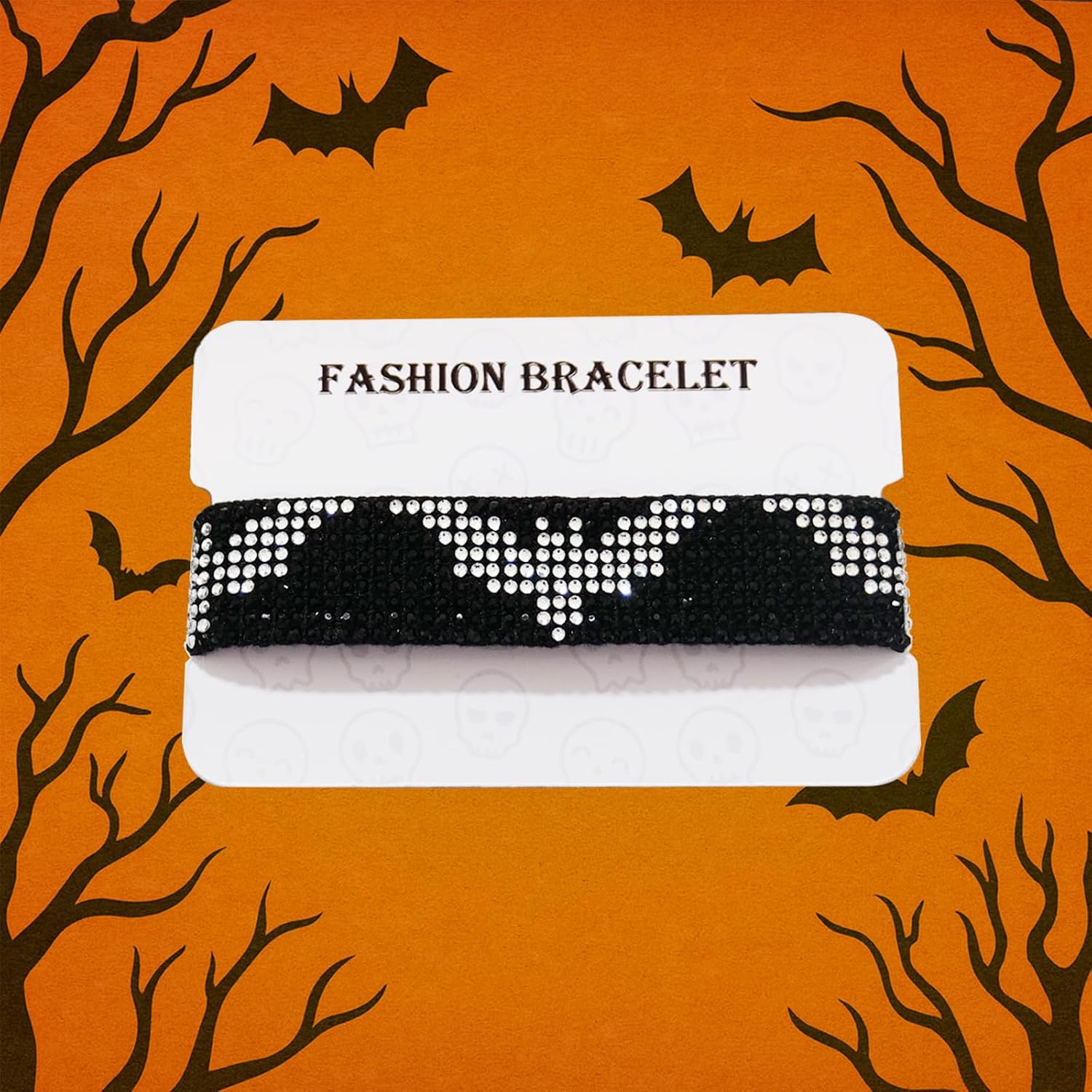 Gothic Rhinestone Bracelet for Women - Sparkly Y2K Skull Bat Ghost Charm Jewelry, Adjustable Black Woven Cuff, Punk Emo Alt Aesthetic Accessories, Edgy Statement Gift for Her - Image 3