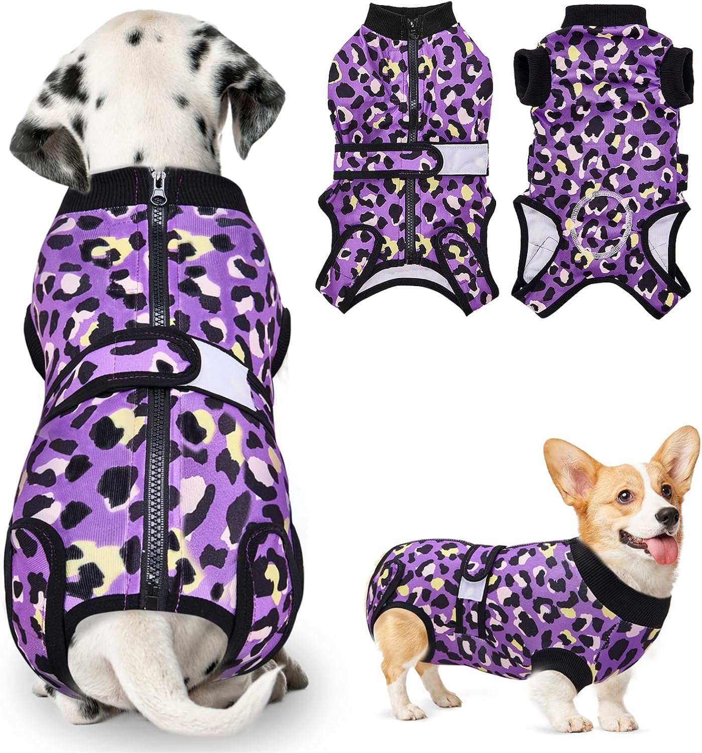 SlowTon Recovery Suit for Dogs - Dog Surgery Suit Female Spay Male Neuter, Dog Surgery Recovery Suit with Zipper, Pet Surgical Onesies Bodysuit Abdominal Wound Bandages (Purple Leopard, XL)