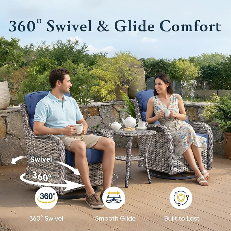 Belord Luxury 6" Thick Cushioned Outdoor Swivel Rocker Patio Chairs of 2, High Back Wicker Patio Furniture Set with Ergonomic Zone Back, Conversation Glider Set for Deck Porch - Grey+Blue image 3