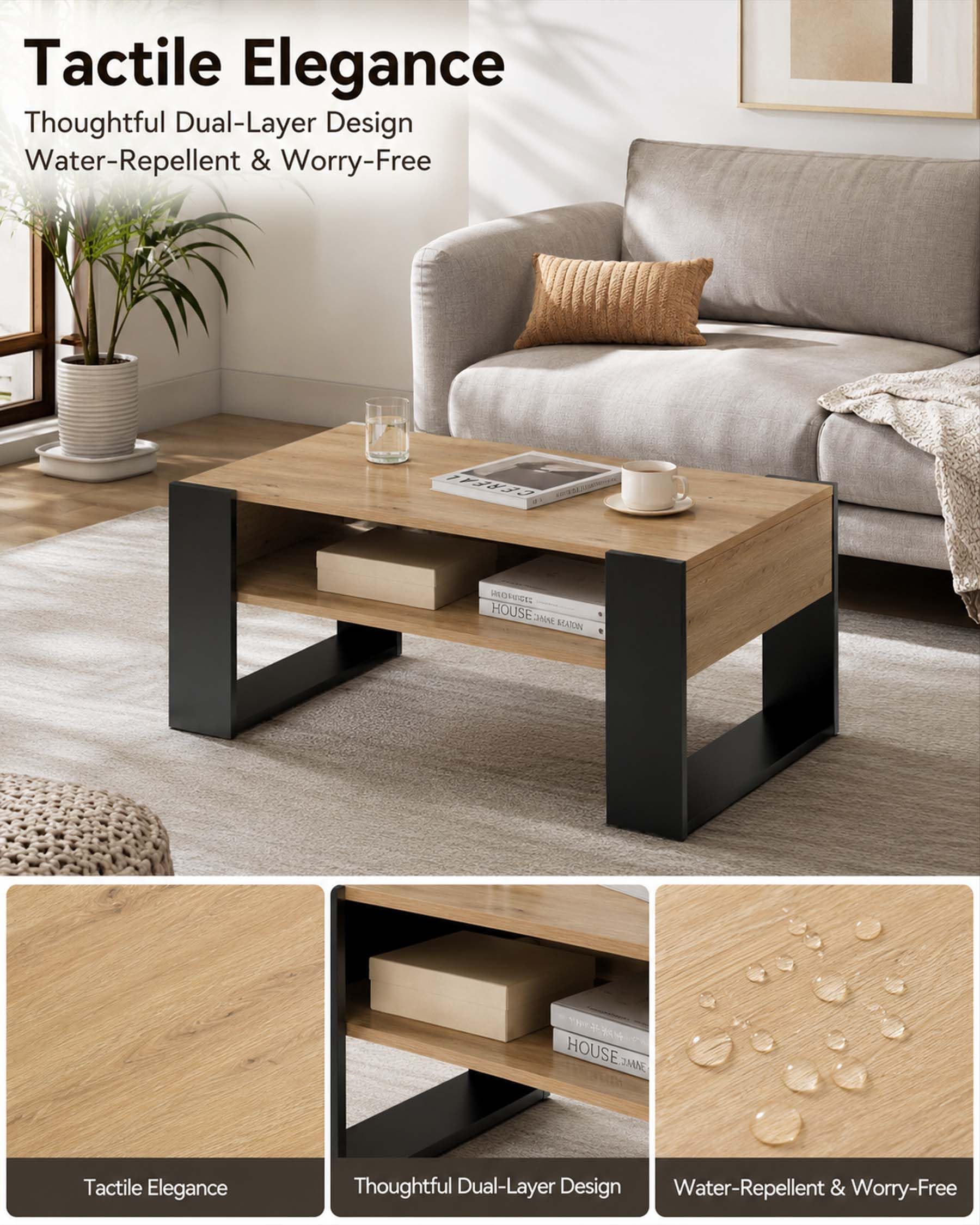 Mesa de Centro Moderna Roble y Negro con Doble Estante, Mesa de Café Estable y Maciza Tipo Loft, Mesa de Sofá Grande en Madera Laminada, 92x50x45cm
