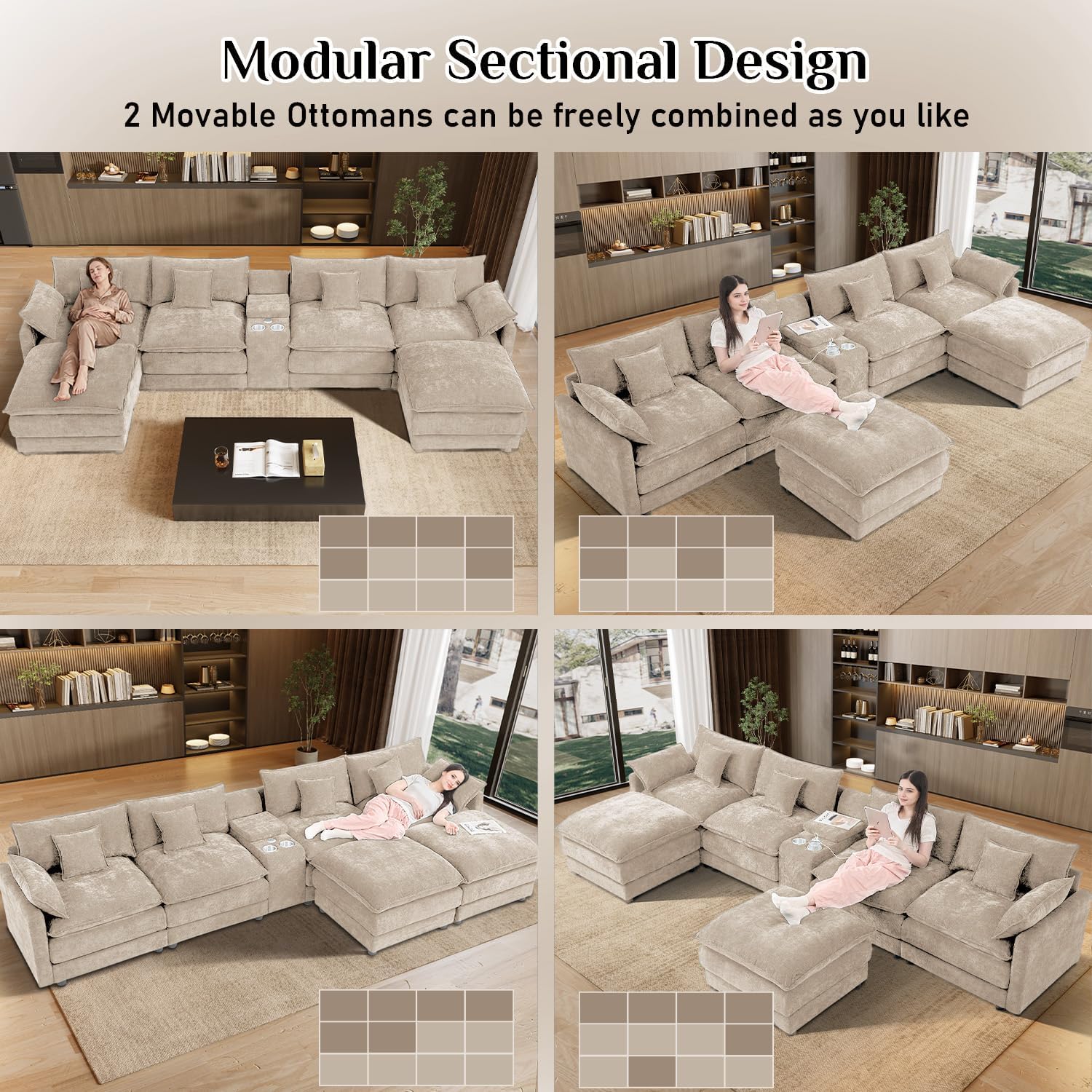 163" Oversized Modular Sectional Sofa U Shaped Cloud Couch Modern 6 Seat Sofa Set for Living Room Comfy Chenille Deep Seat with Storage Central Console, Cup Holders, USB Ports, Movable Ottomans, Camel