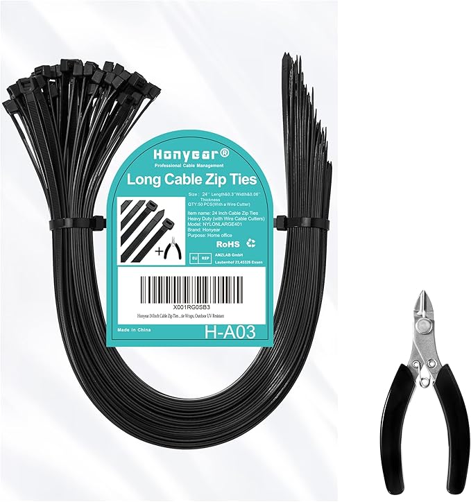 Honyear 50 PCS 24 Inch Cable Zip Ties Heavy Duty with 175 Pounds