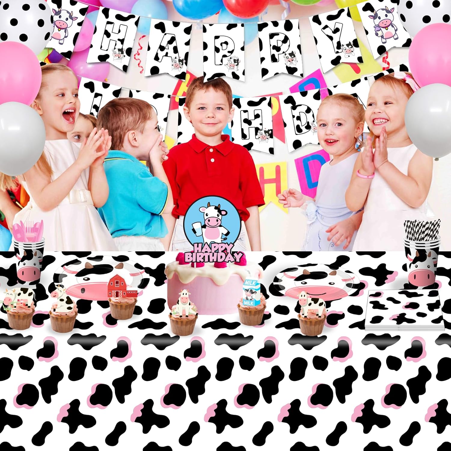 Cow Theme Birthday Party Decorations - Plates, Napkins, Cups, Cutlery, Banner, Cake Topper, Balloons, Tablecloths - Pink, Animal Print - 125 Count - Image 8