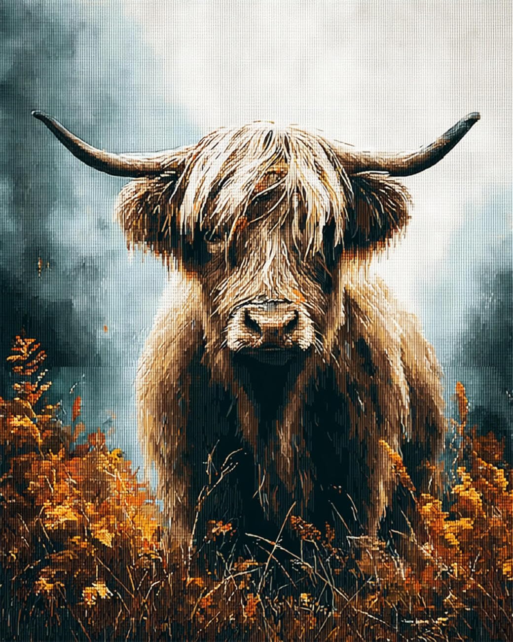 RKFLGEW DIY Seed Bead Embroidery Kits Highland Cattle Paintings 50x70cm