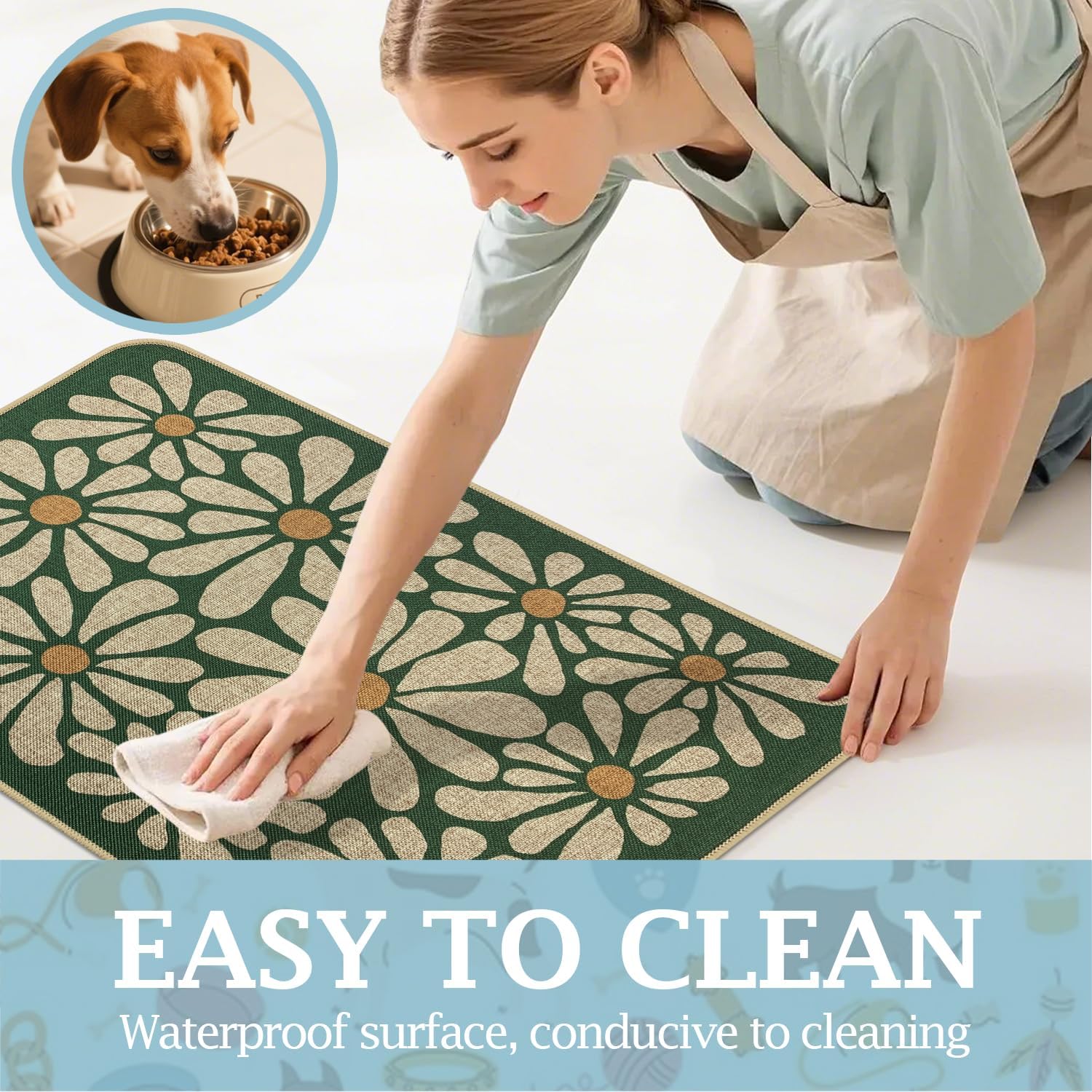 SHIYUE Dog Food Mats for Floors, Absorbent Cat Bowl for Food and Water, Non-Slip Accessories Pet Supplies(12"x20",Forest Green Flower)