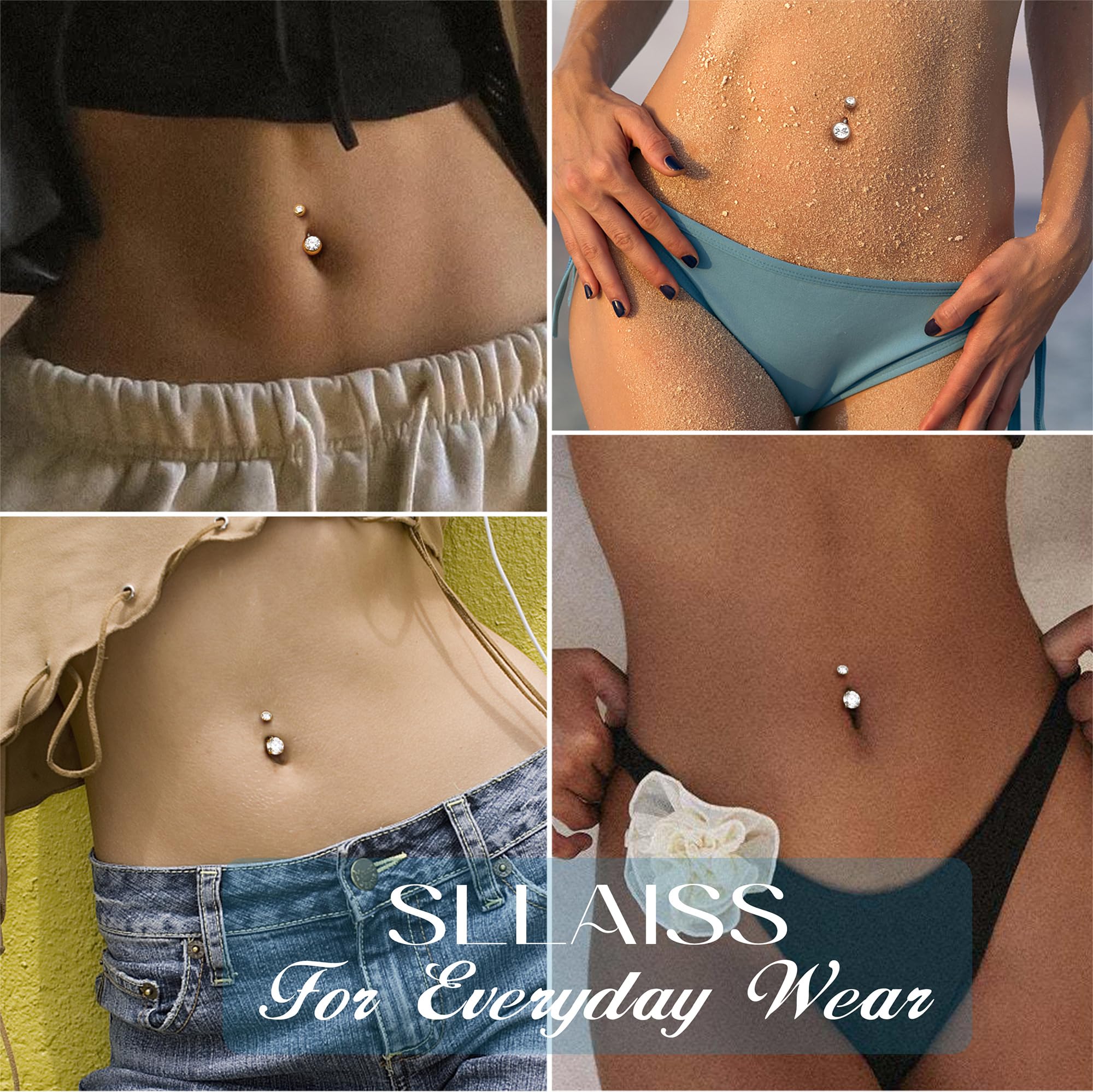Sllaiss Piercing Ombligo Titanio G23 con Moissanita Brillante Calibre 14G y 10mm Piercings de Ombligo Mujer con Rosca Interna Hipoalergénico Joyería Corporal de Titanio Grado Implante Plata/Oro