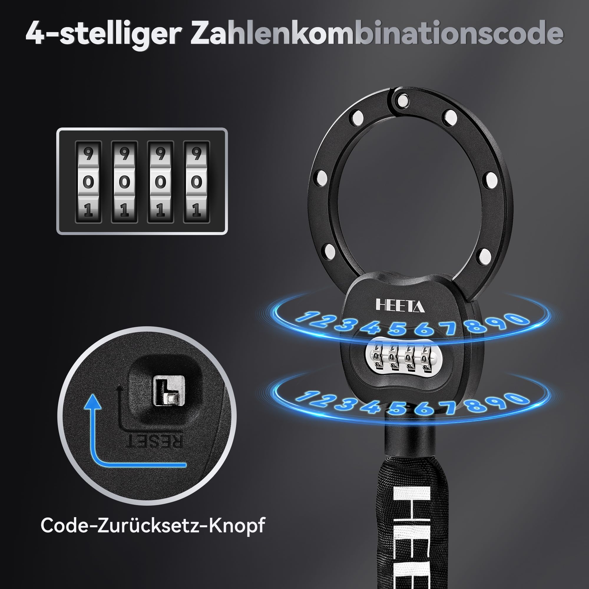 HEETA E Scooter Schloss Zahlenschloss mit Tasche, 8mm Fahrradschloss Hohe Sicherheit, e Roller Schloss Handschellenschloss, Kettenschloss Fahrrad Zubehör Bike Lock für E-Scooter Fahrräder Motorrad