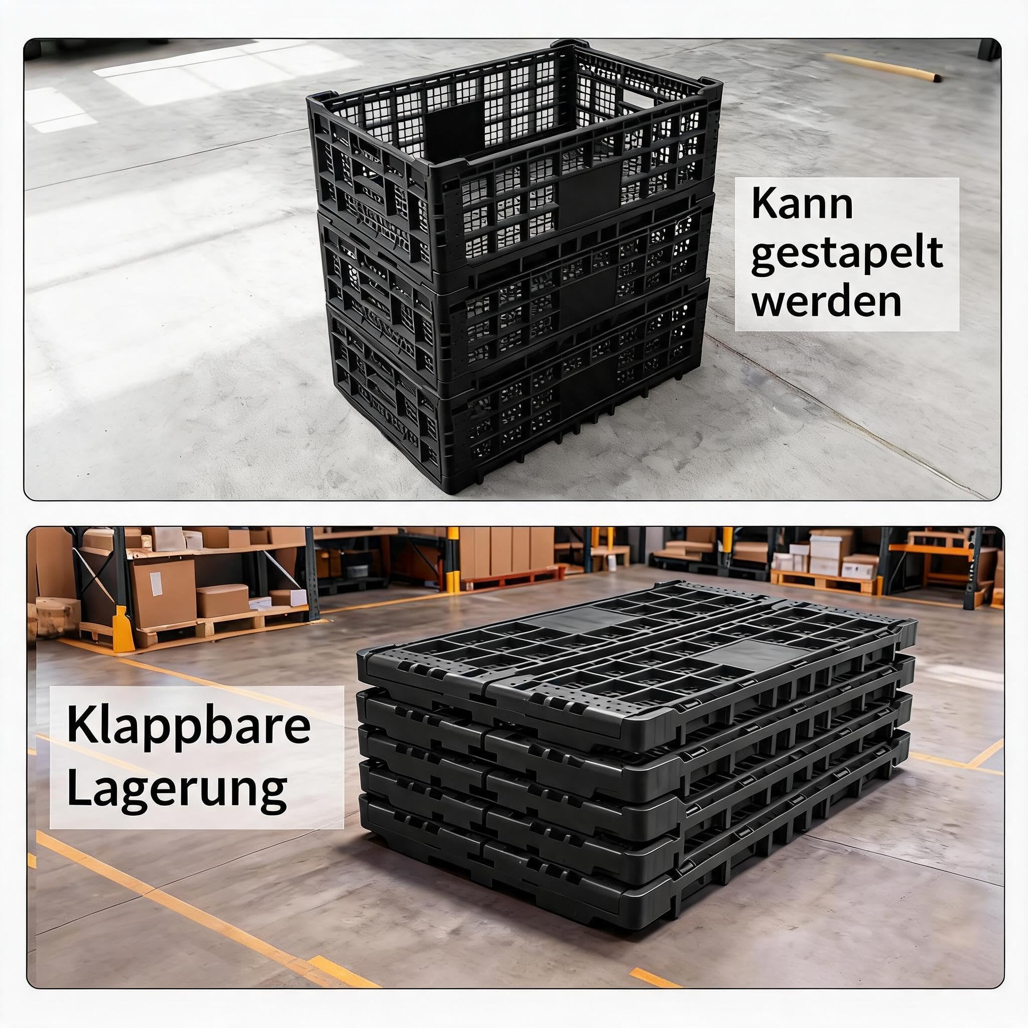52L Faltbare Aufbewahrungsboxen/Klappkisten Set - 5er-Set, stapelbar, Schwerlast-Kunststoff, verstärkte Wände, mit Tragegriffen - 60x40x22 cm - für Büro, Schule, Zuhause, Garage - 5PCS black