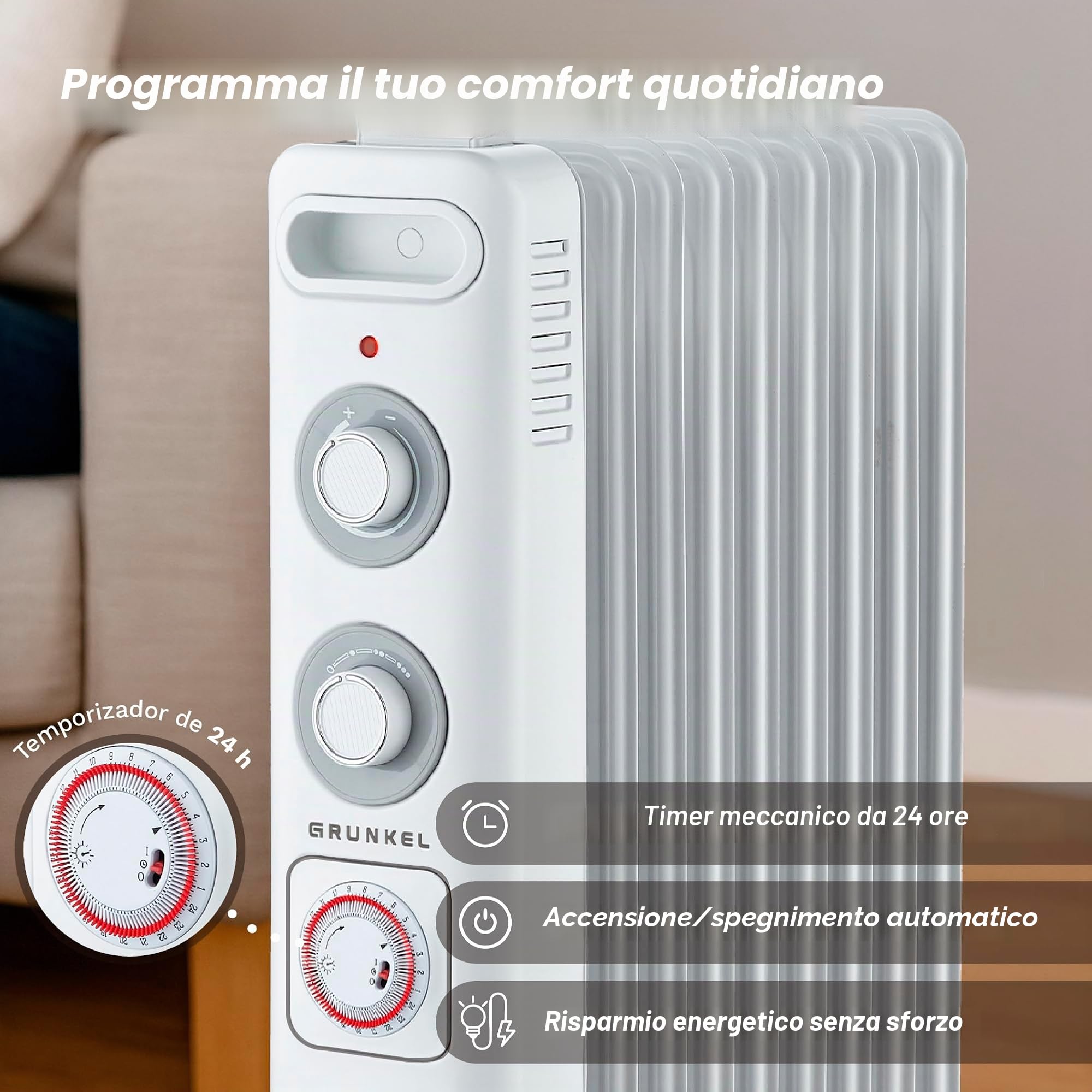 GRUNKEL RD-2000S Radiatore ad olio, 2000 W-2500 W, 9 elementi, 3 livelli di potenza, timer 24 ore, termostato regolabile, ruote multidirezionali