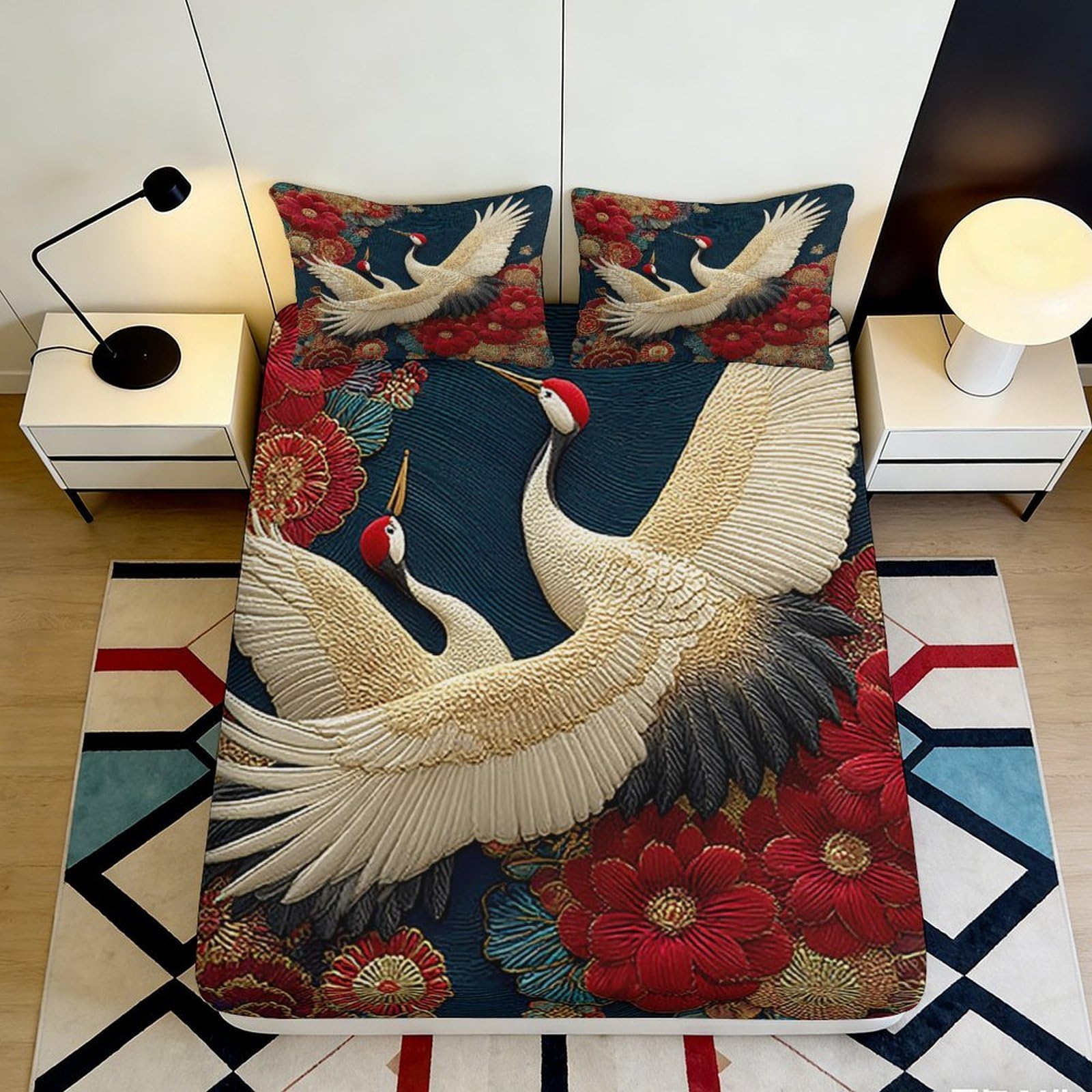 3D Printed Crane Floral Fitted Sheet Microfiber Soft Anti-Slip Mattress Cover for Bedroom Guest Room Easy Care 180x200x25cm