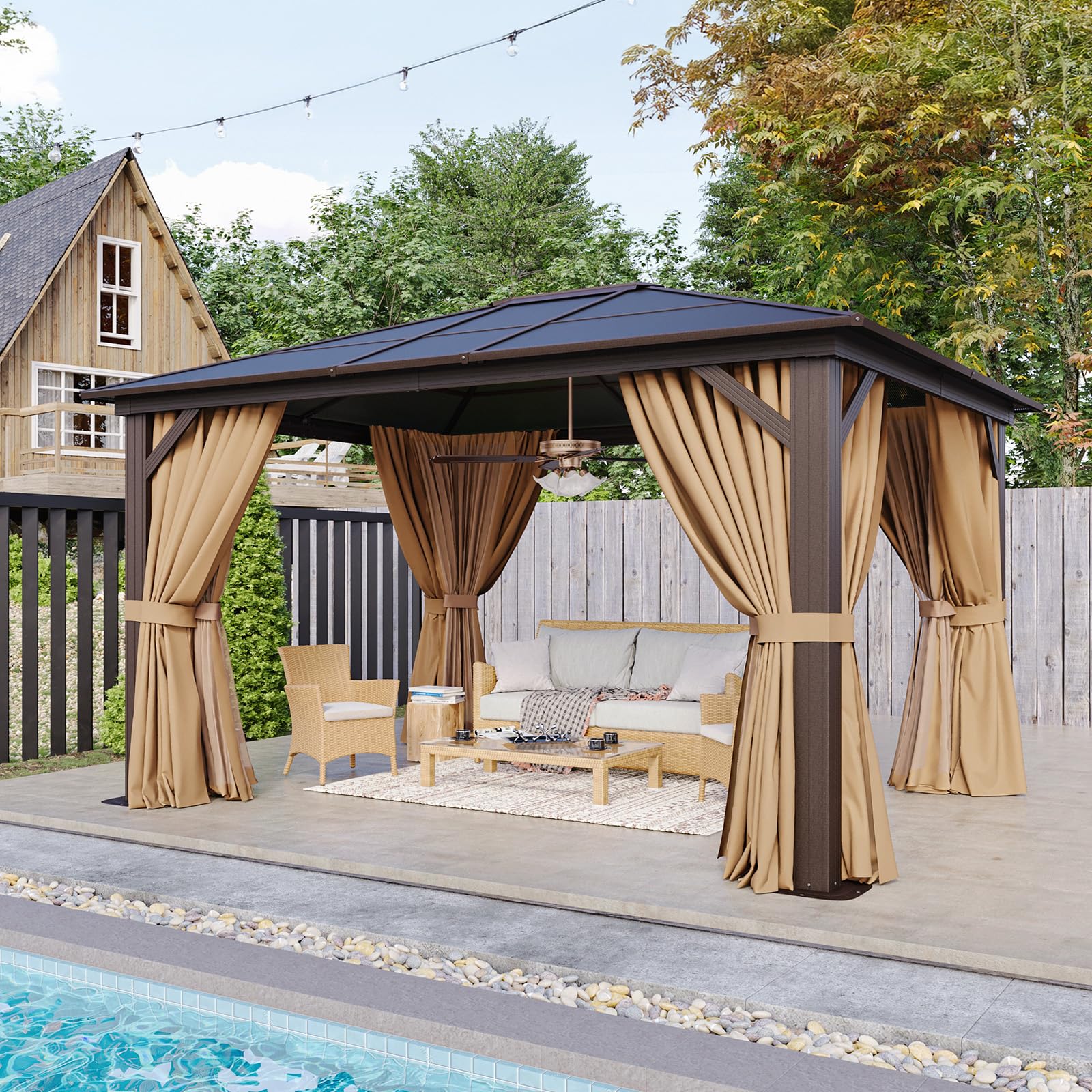 Gazebo Single Polycarbonate Top, Outdoor Aluminum Frame Permanent Gazebo with Curtains and Netting, for Patio, Party, Backyard, Garden and Lawn ( incomplete 2 box of 3. missing box 3 of 3).