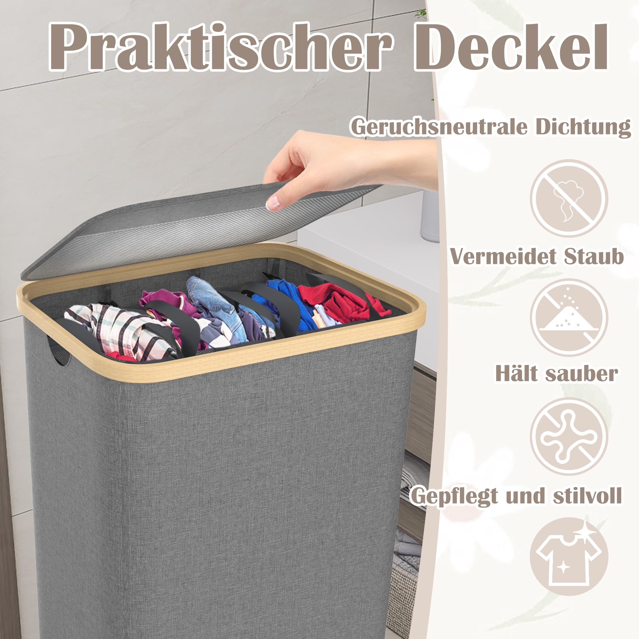 NAIZY Cesto portabiancheria con coperchio 140L, con 3 scomparti. Cesto per la biancheria lavabile e con maniglia estraibile, cesto portabiancheria rimovibile, separatore per biancheria, grigio
