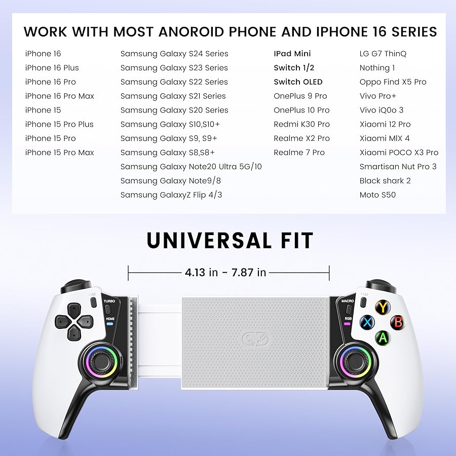 NinjaPlusOX Mobile Gaming Controller for iPhone/Android/Switch 2/Switch/OLED/iPad Mini, Wireless Phone Controller with Hall Joysticks/Hall Triggers/LED, Support Xbox Cloud, Steam Link, Roblox, White - image 9