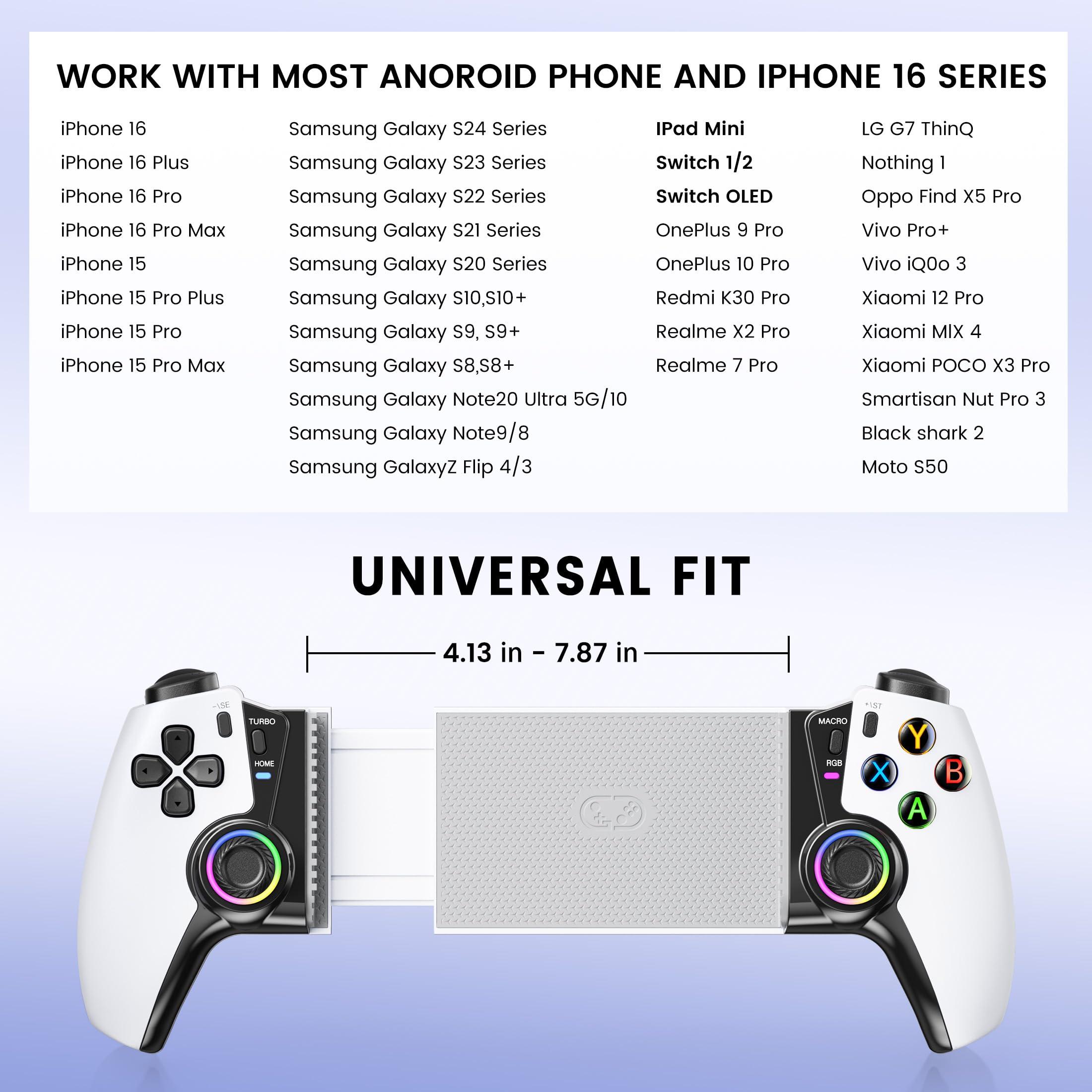 HELLCOOL Swtich Controller Portatile Smartphone Controller con Hall Joysticks per Android/iPhone, compatibile con Switch 1 Console/Xbox Cloud/Steam Link/GeForce Now/MFi Apple Arcade